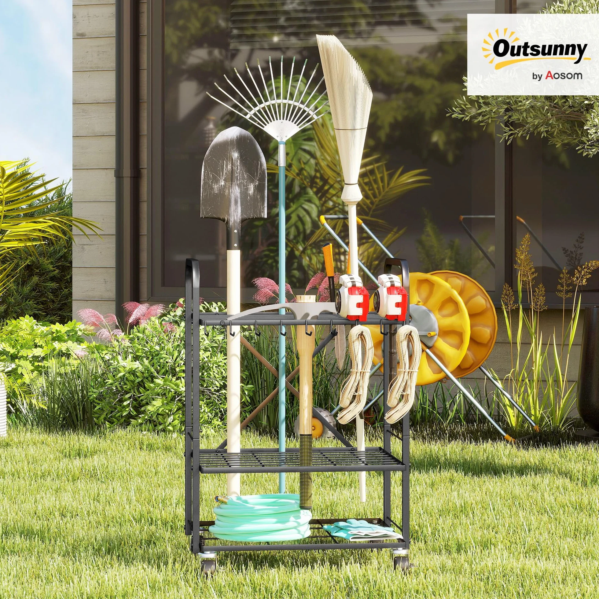Outsunny Organizer na narzędzia ogrodowe 40 przegródek metalowy na kółkach czarny