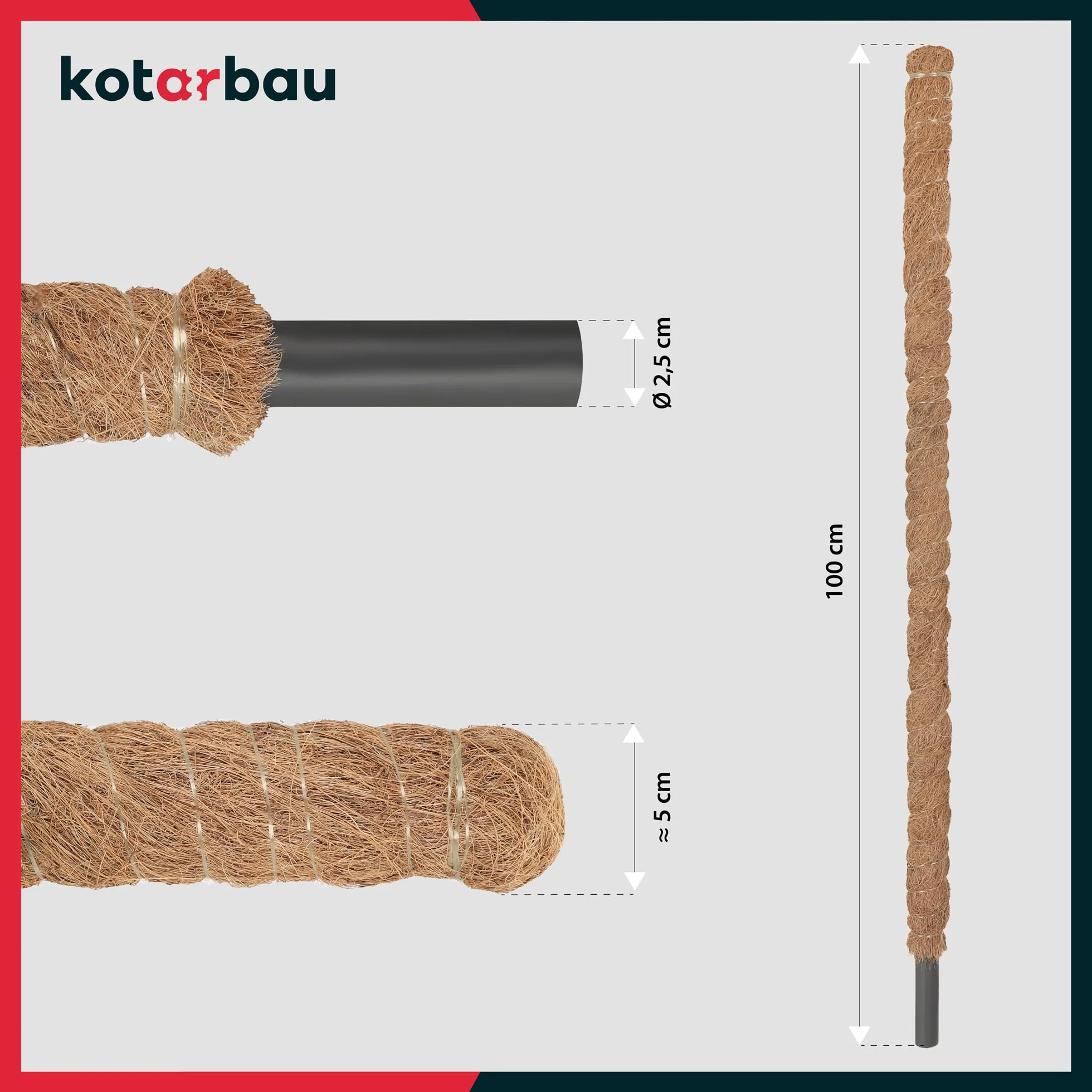 KOTARBAU Podpora Kokosowa do Roślin ⌀ 2,5 x 100 cm Palik z Włókna Kokosowego
