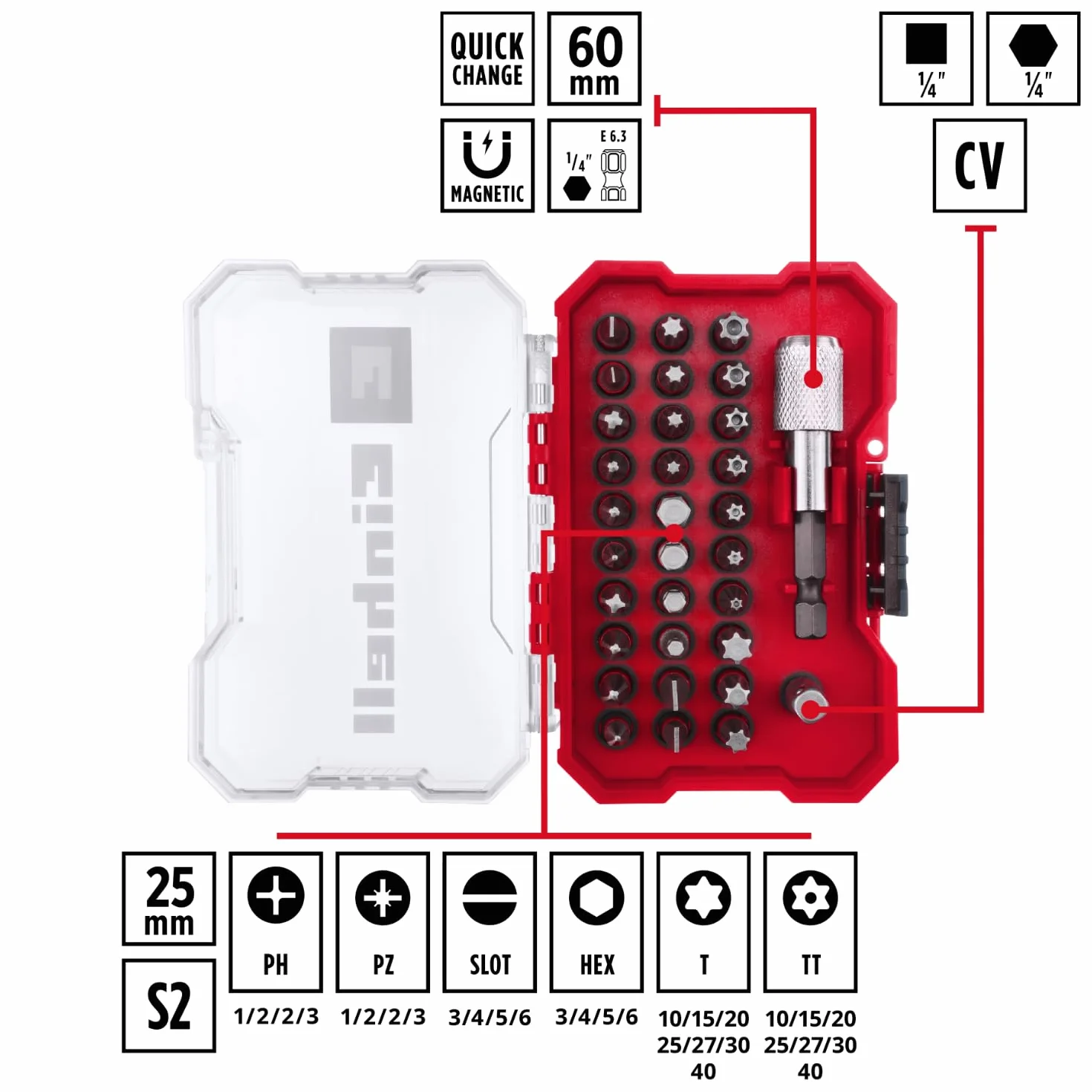 Einhell Xs-Case Zestaw Bitów, Czerwony, 32 Elementy