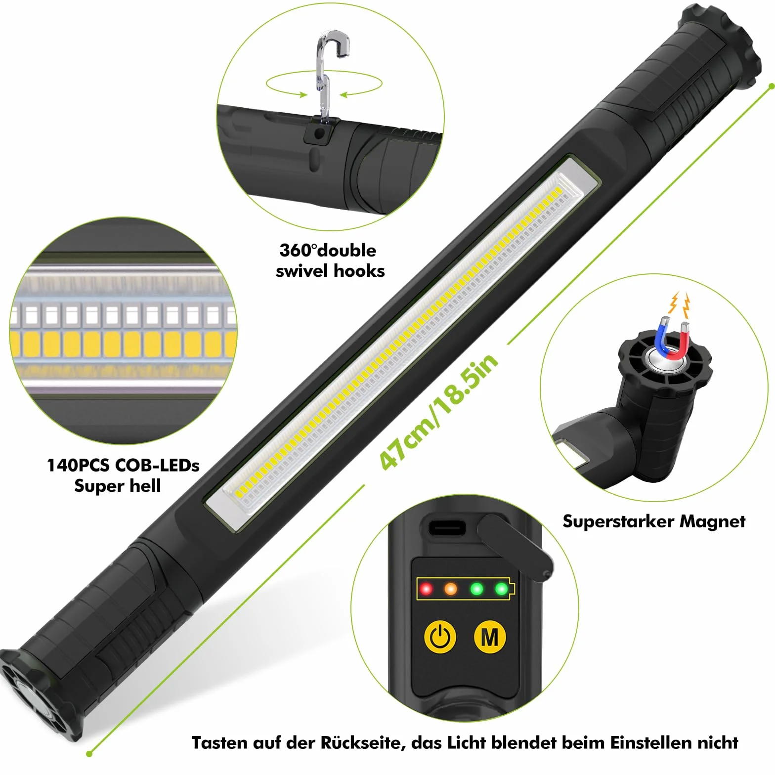 MEIKEE Lampa robocza 3000 lm, 6 trybów świecenia, 3 poziomy jasności, lampa warsztatowa z magnesem i hakiem, reflektor LED, akumulator do ponownego ładowania, reflektor budowlany na kemping, do garażu