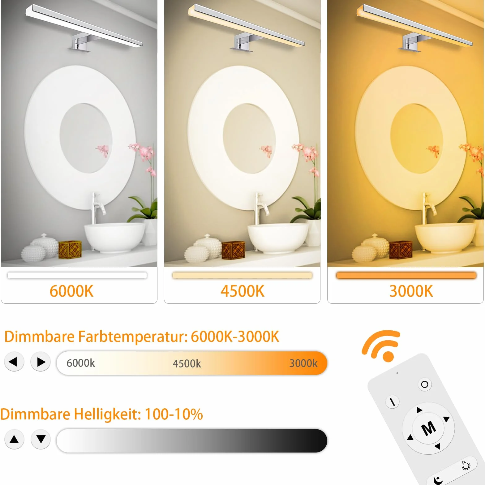 Karrong Lampy łazienkowe nad lustro, 40CM 12W 1200 lumenów, 6000K zimna biały aby 3000K ciepły biały, ze stali nierdzewnej, wodoszczelność IP44, 230 V, Lampa łazienkowa LED do łazienki (Biały)