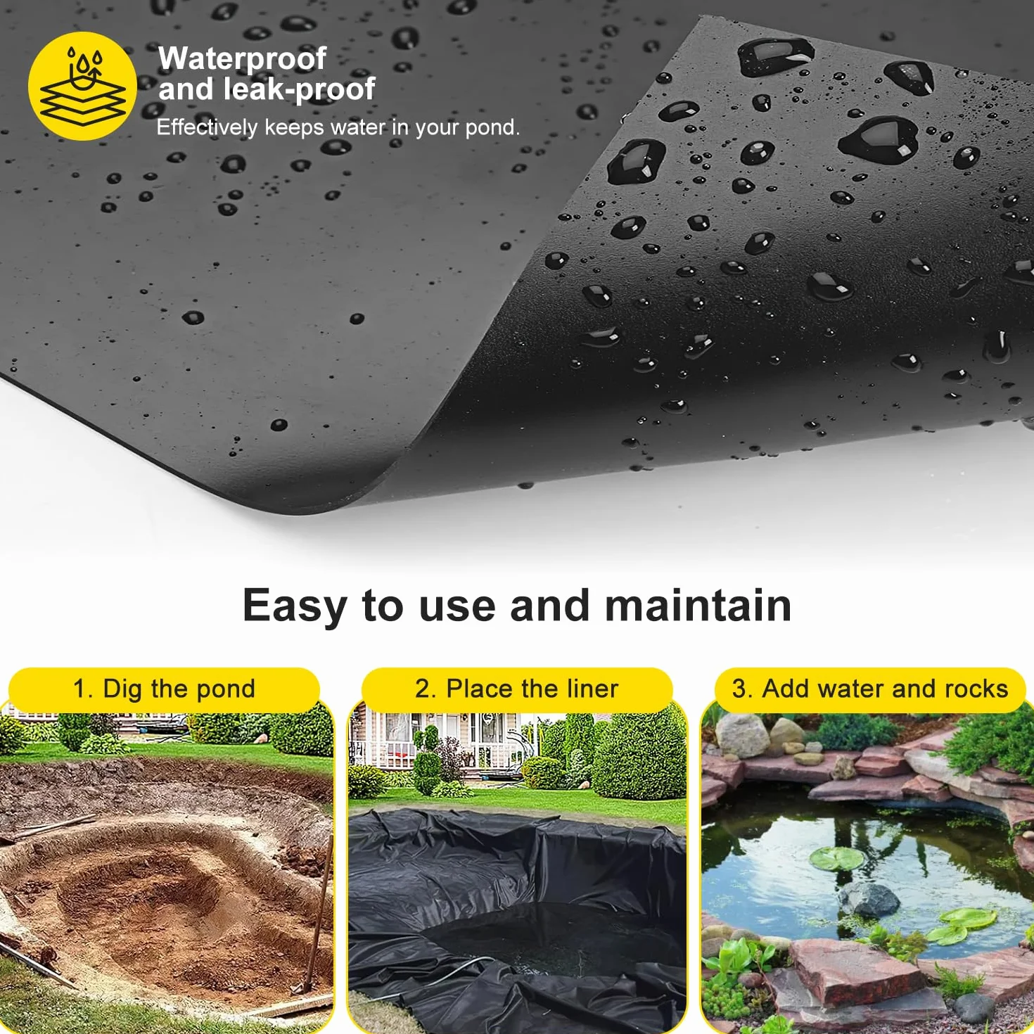 Plandeka do stawu 3 x 3 m 0,2 mm grubość HDPE folia do stawu do stawu do stawu ogrodowego prefabrykowanego na zewnątrz, staw żółwie, fontanny szklarniowe (3 x 3 m)