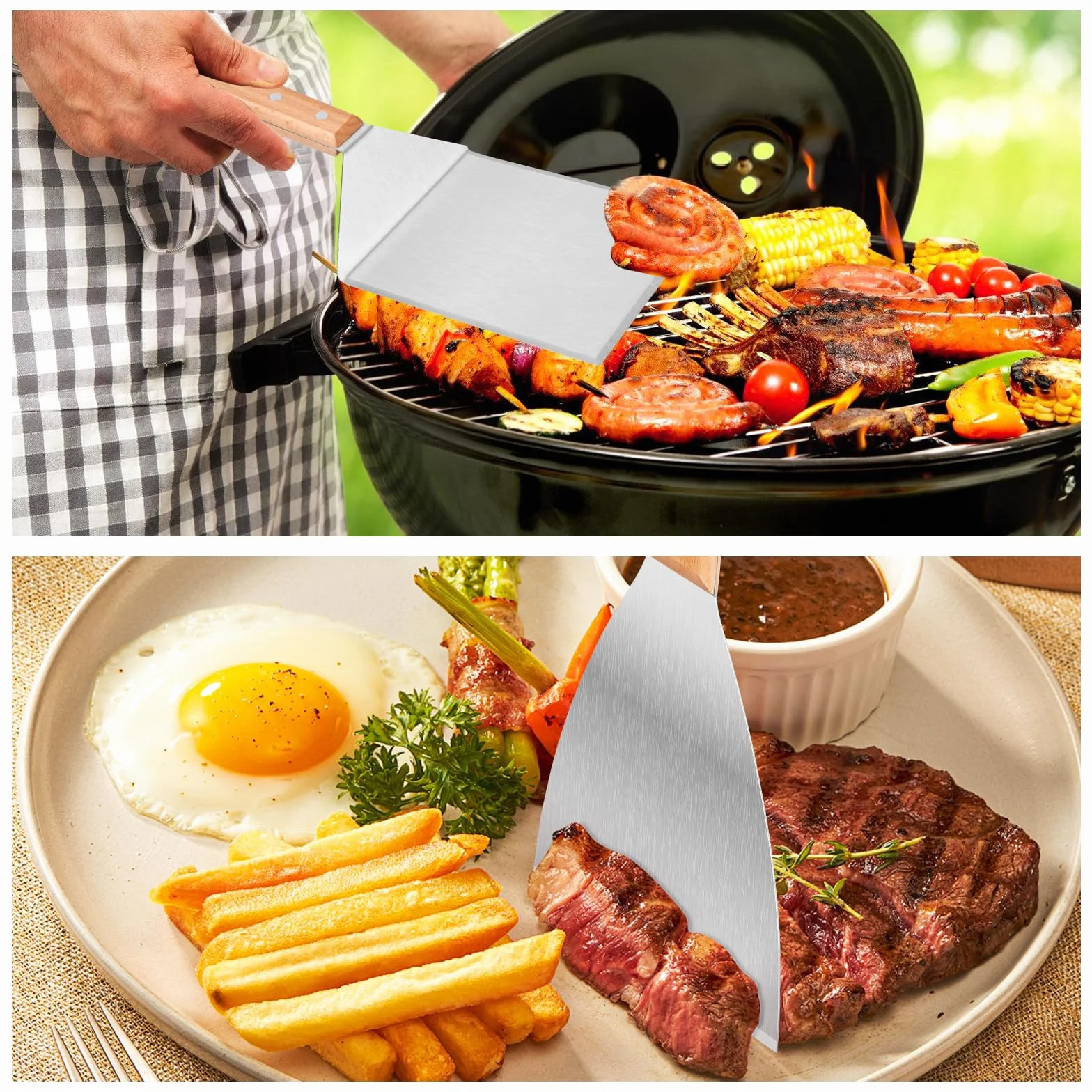 Zestaw łopatek do grilla ze stali nierdzewnej, zestaw łopat do grilla z drewnianym uchwytem, zestaw sztućców do grilla, narzędzie BBQ, obrotnica do burgerów, łopatka do plancha, łopatka do patelni do
