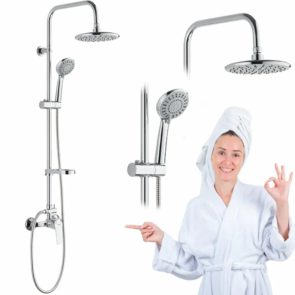 Chromowany zestaw prysznicowy z słuchawką prysznicową i deszczownicą – montaż ścienny, elegancja do każdej łazienki
