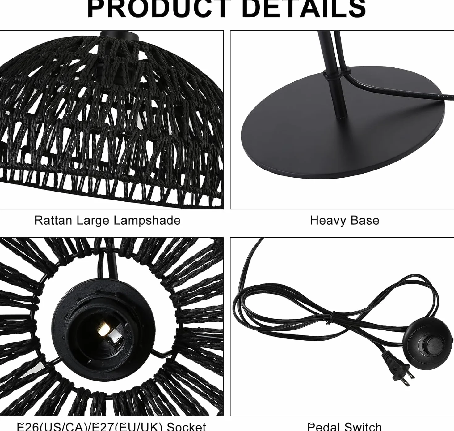 Alpinaluz Lampa Podłogowa E27 Czarny Pleciony Papier Czarna Podstawa 158 cm | Ręcznie wykonany klosz Ø32 cm, styl boho nordycki z wtyczką i przełącznikiem nożnym do salonu, sypialni i czytania