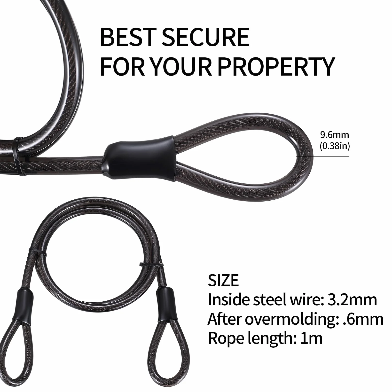 Kabel do zamka rowerowego, 10 mm x 1,25 m, stalowy kabel zabezpieczający, powlekana linka zabezpieczająca, zamek z podwójną pętlą, do bagażu, roweru, motocykla