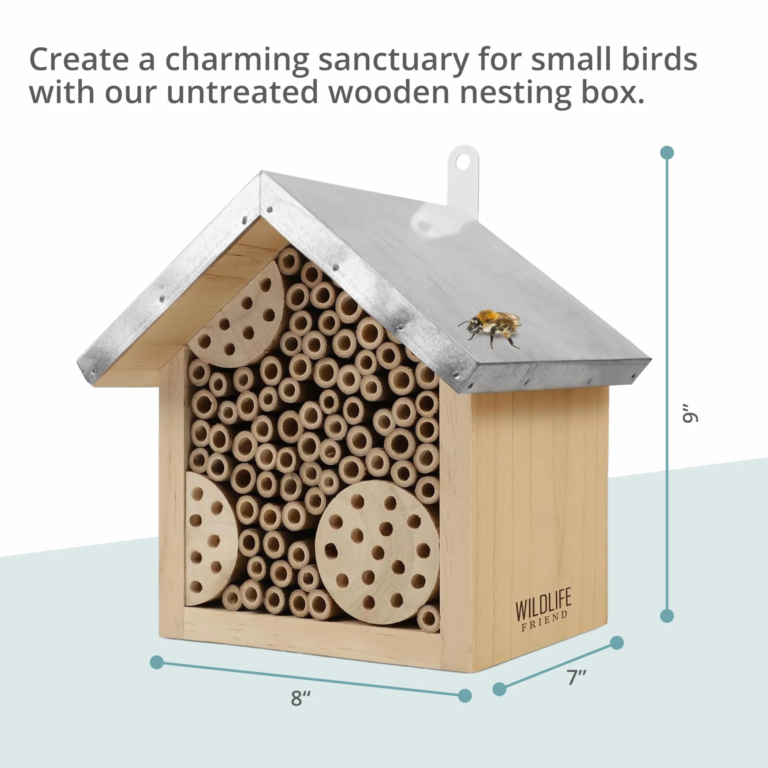WILDLIFE FRIEND I Hotel dla dzikich pszczół i owadów z metalowym dachem, gotowy do montażu, z drewna sosnowego i w 100% odporny na warunki atmosferyczne, nieobrobiony, pomoc w zakładaniu gniazd