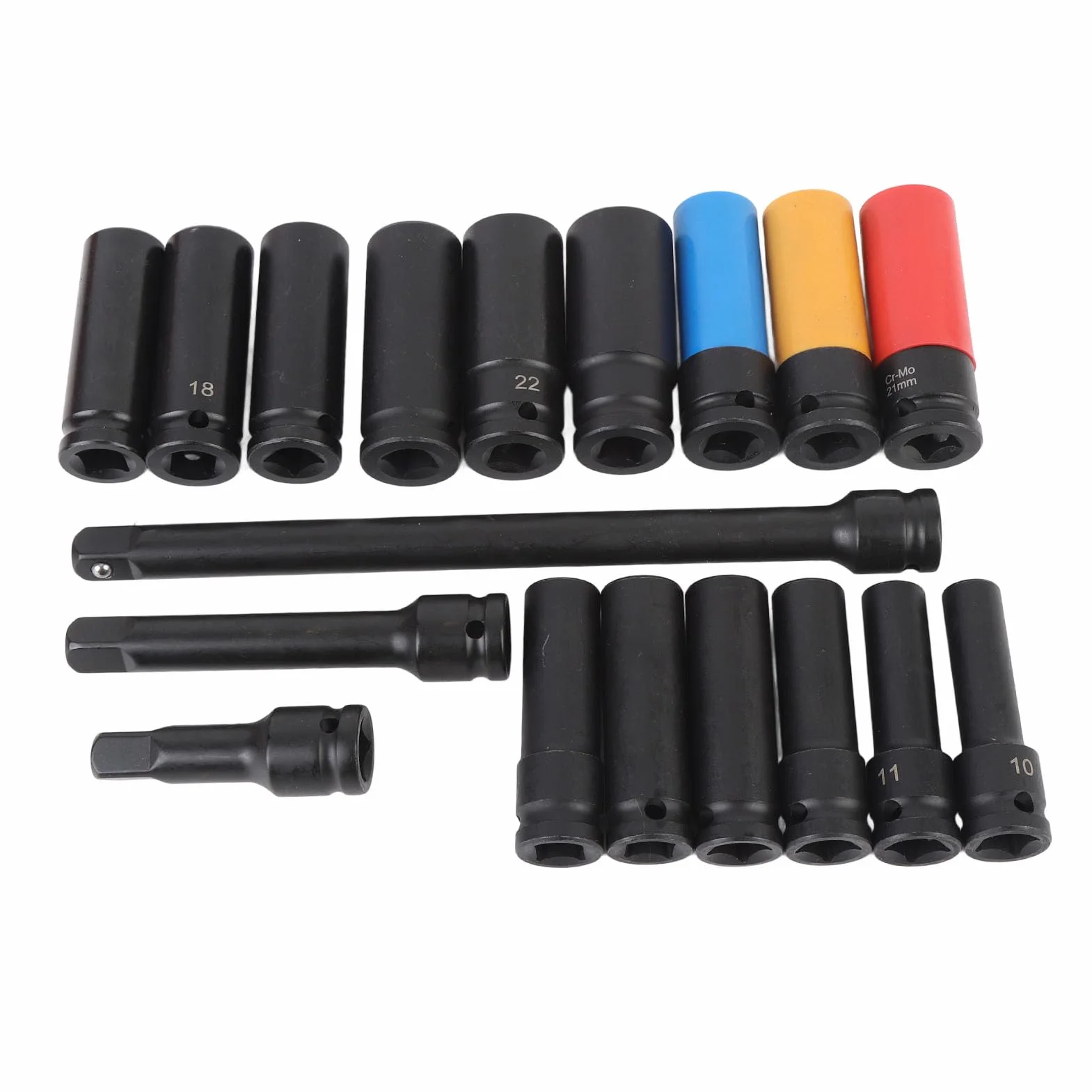 18 szt. Zestaw Nasadek Udarowych 1/2 Cala z 3-calowym, 5-calowym 10-calowym Przedłużaczem CRV Rozmiar Metryczny 10 do 24 Mm 6-punktowy do Naprawy Automatycznej, Długi Czas Zapewniający