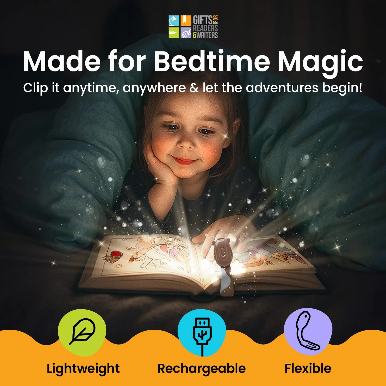 Flexilight Reachargeable lampka do czytania, 2 w 1, lampa do czytania z klipsem LED, latarka do książek dla dzieci i dorosłych, akcesoria do książek, prezent dla czytelników, miłośników książek.