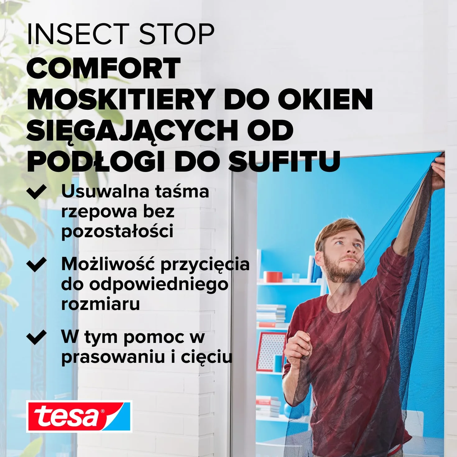 tesa Insect Stop COMFORT Moskitiera do okien o głębokości do podłogi, samoprzylepna, moskitiera bez wiercenia, antracytowa (przezroczysta), 2 x 120 cm x 240 cm, 1,2 m: 2,4 m