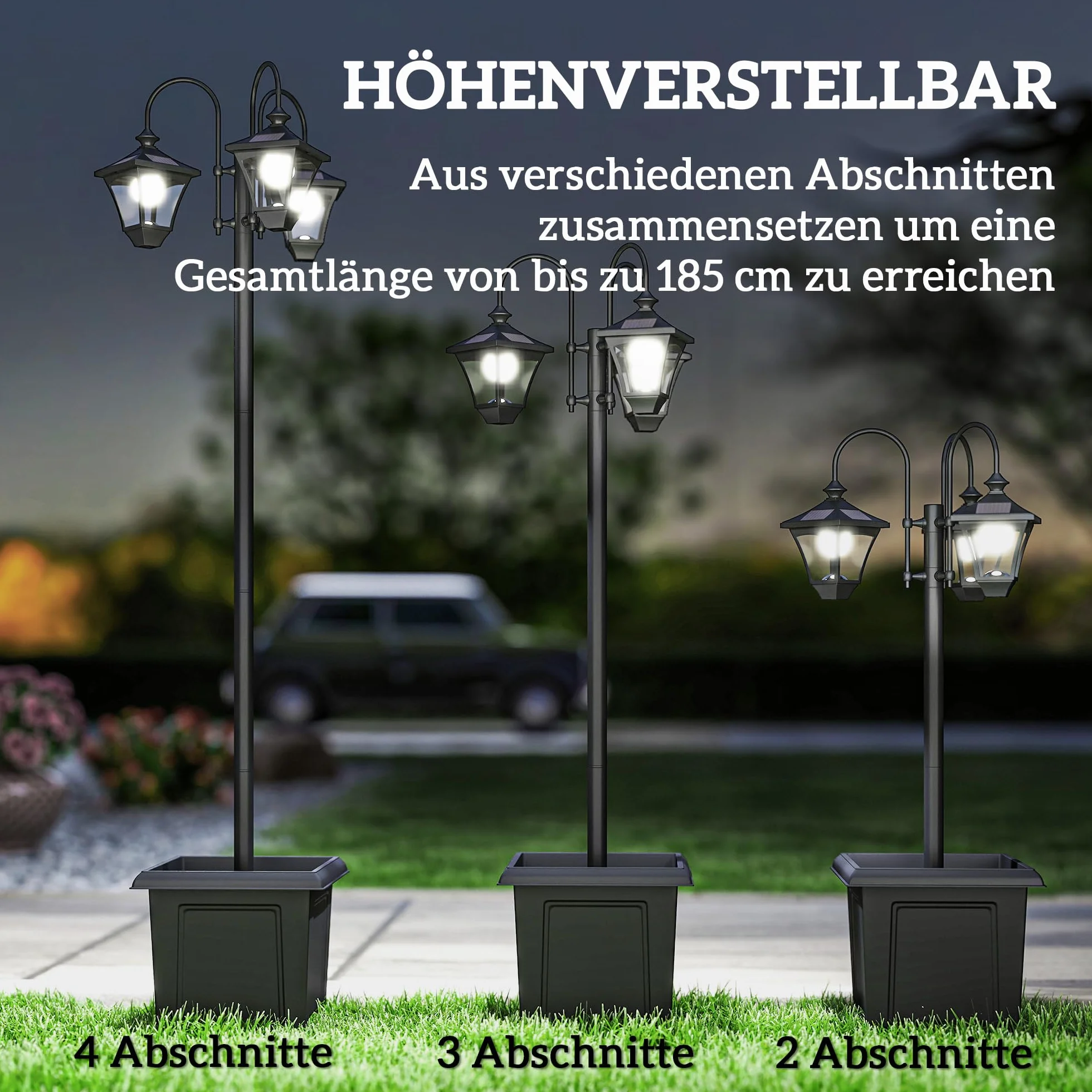 Outsunny Solarna latarnia, lampa stojąca z doniczką, 185 cm, z regulacją wysokości, zewnętrzna latarnia ogrodowa z 3 głowicami lampy, sterowanie światłem, przełącznik IP44, latarnia solarna do ogrodu