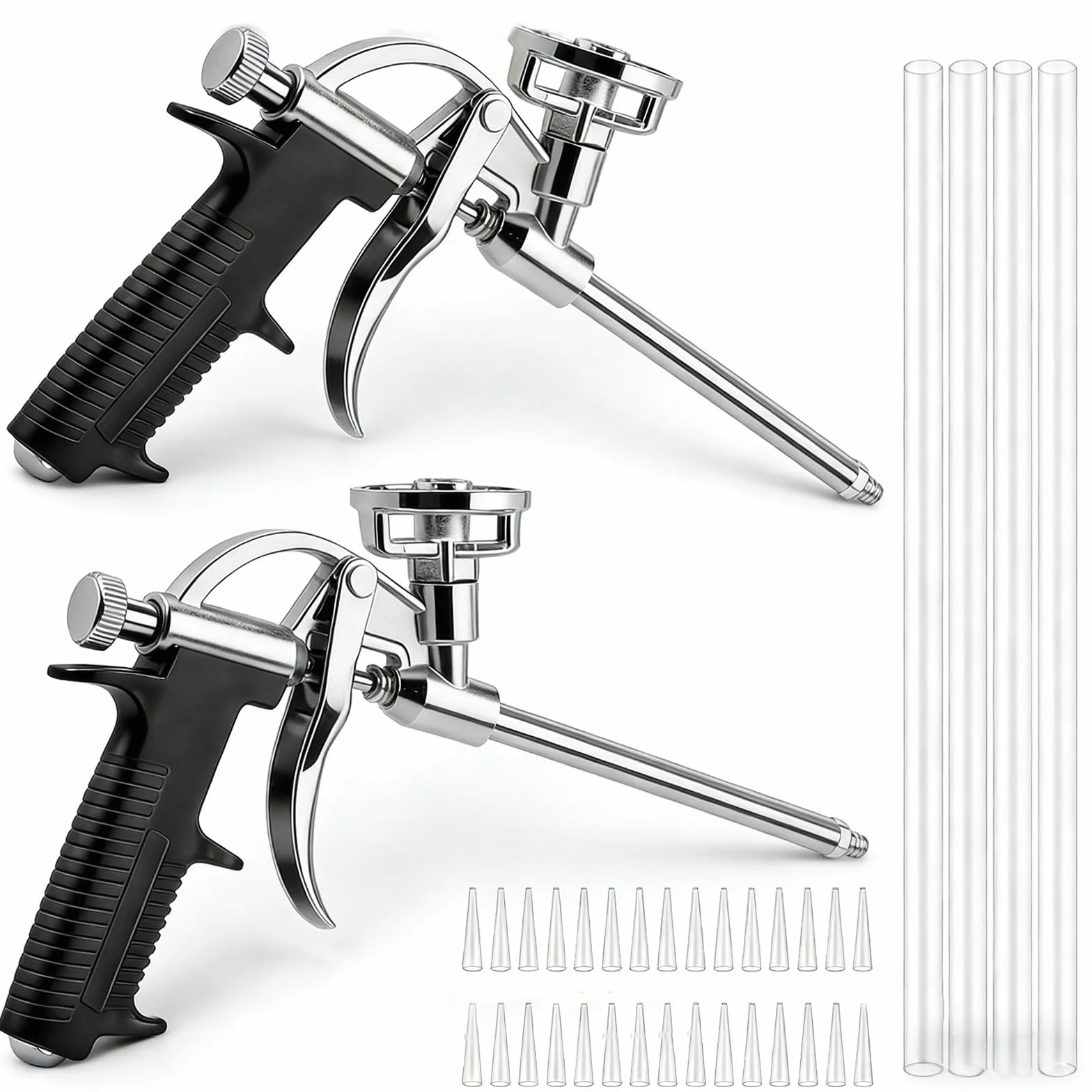 2 pistolety piankowe z poliuretanu: pistolet piankowy z 4 długimi dyszami i 50 krótkimi dyszami, pistolet do pianki budowlanej z ergonomicznym uchwytem z tworzywa sztucznego i pokrętłem