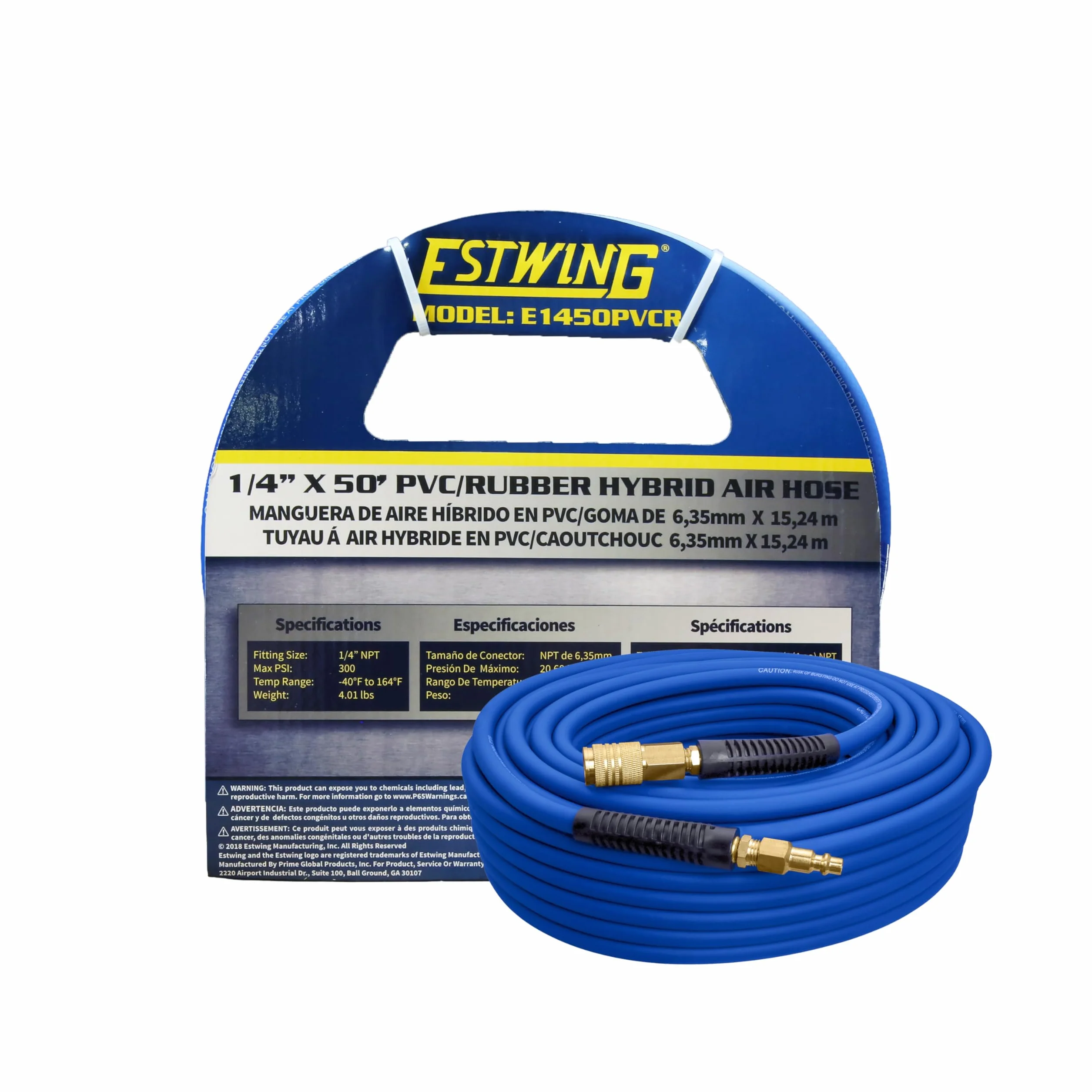 Estwing E1450PVCR 6,35 mm x 15,25 m, PCW/gumowy hybrydowy wąż powietrzny z mosiądzu ze złączką przemysłową 6,35 mm NPT i uniwersalną szybkozłączką