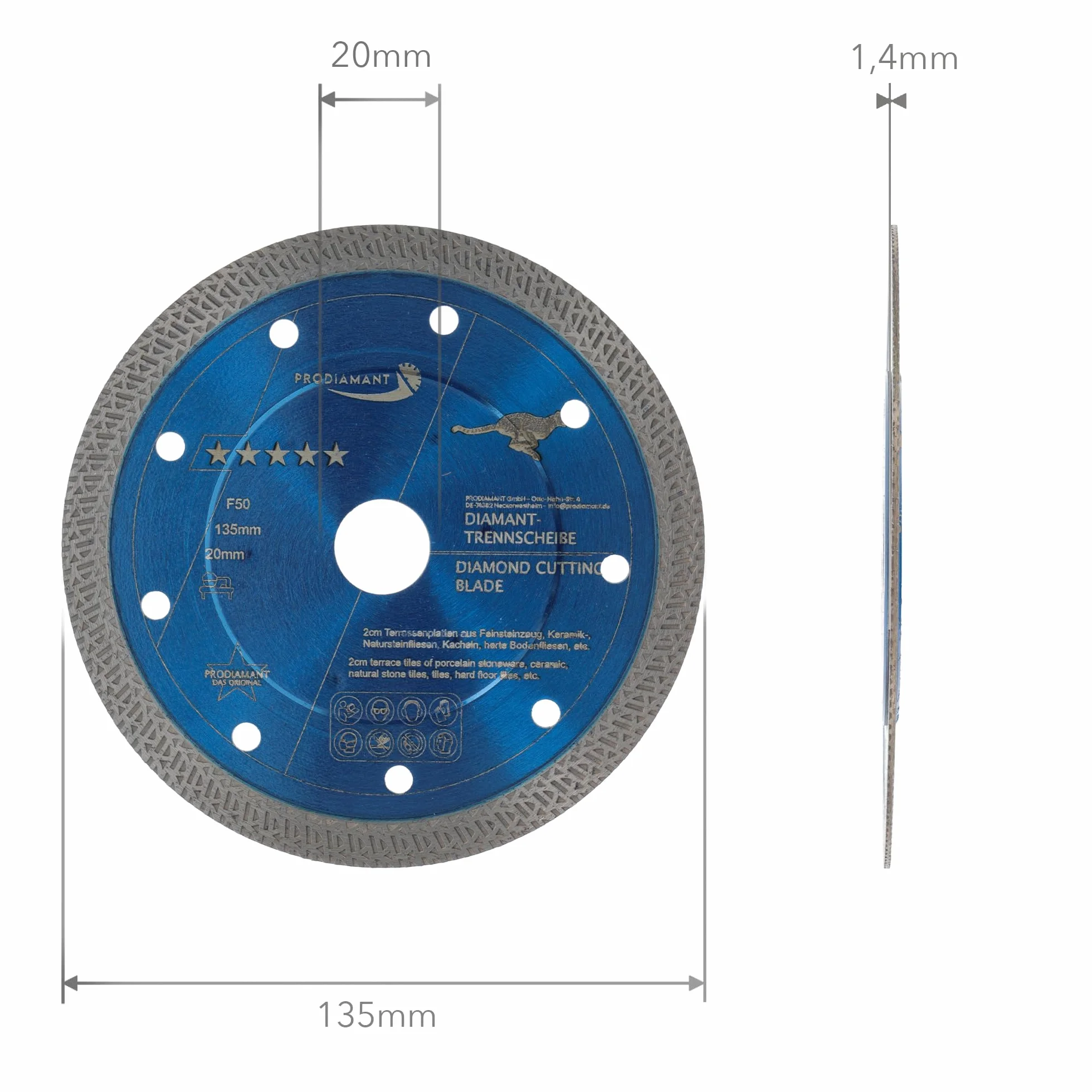 PRODIAMANT Diamentowa tarcza tnąca F50 135 mm x 20 mm do płytek i gresu | akcesoria do automatycznych przecinarek do płytek stołowych | pasuje m.in. do TCSA1200 | Turbo 1,2 mm segment
