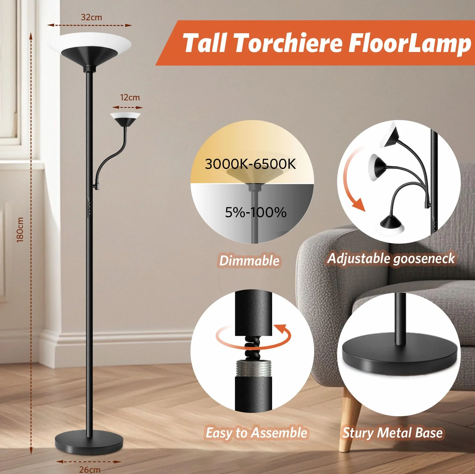 BBHome Lampa podłogowa LED do salonu, ściemniania, 27 W, lampa do czytania 6 W, nowoczesna lampa podłogowa z pilotem i dotykiem, do salonu, sypialni, biura