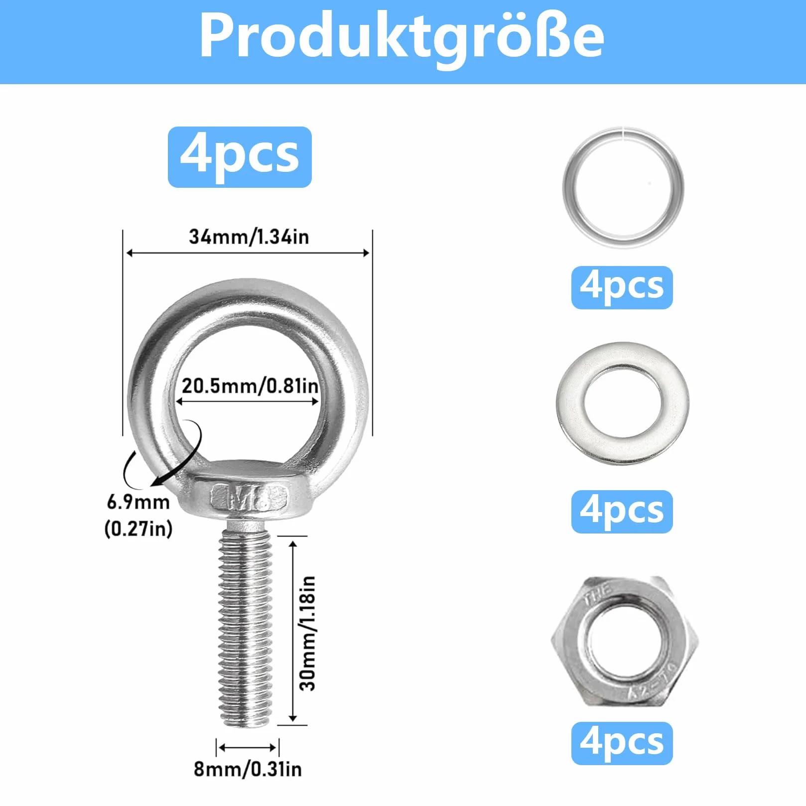 4 sztuki śrub oczkowych M8, ze stali nierdzewnej, śruby z oczkami 304, śruba oczkowa M8 x 30 mm, śruby oczkowe z gwintem, śruby oczkowe do mocowania i zawieszania, z nakrętkami i sprzętem, 4 sztuki