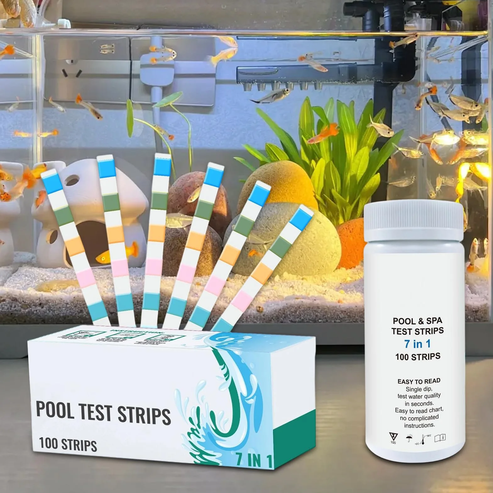 Pool Water Testing Strips, Water Quality Tester, 1.89x4.41in 100-Piece Quick and Simple to Use, Accurate Test for Homeowners, Swimmers, Hot Tub Users, Spa Owners, and Aquarium Enthusiasts