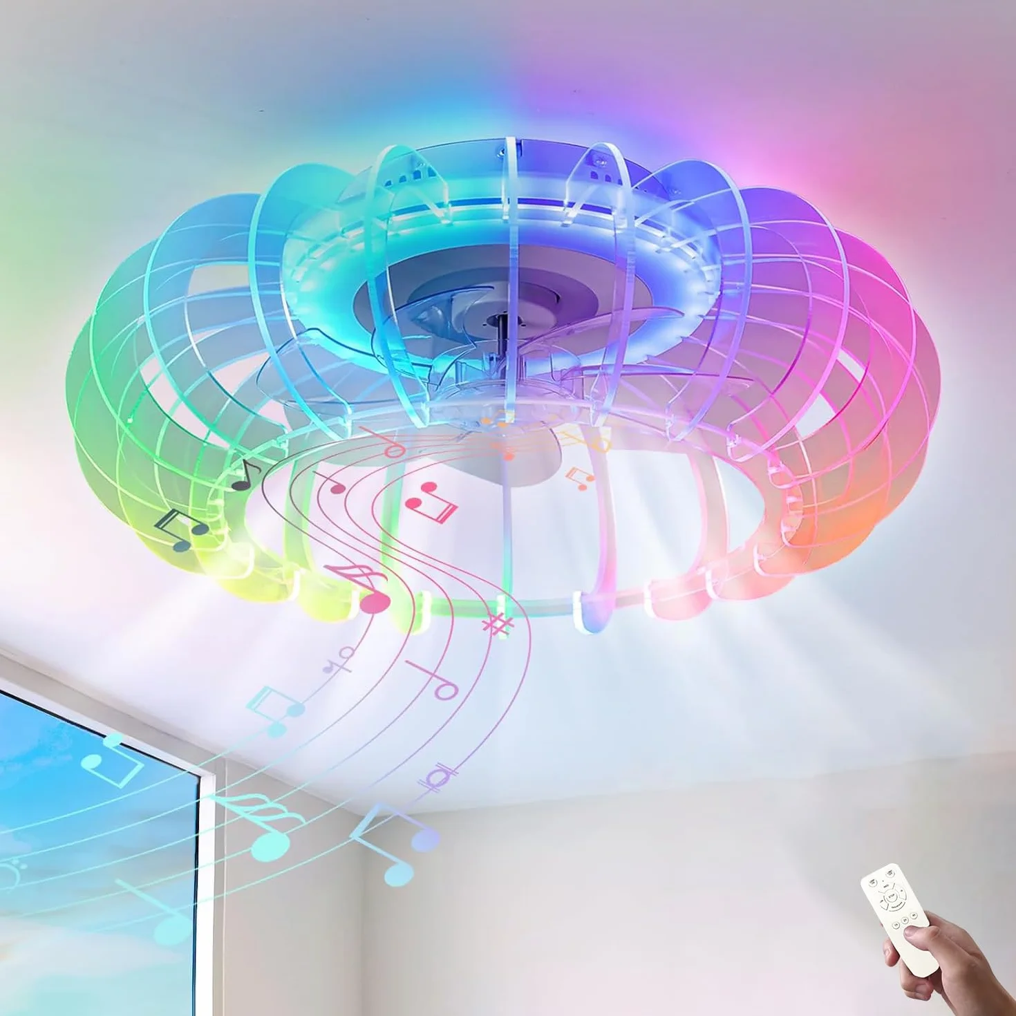Cichy wentylator sufitowy RGB z oświetleniem LED, lampa sufitowa z wentylatorem i pilotem zdalnego sterowania, ściemniana, lampa do pokoju dziecięcego z głośnikiem Bluetooth, muzyka, lampa sufitowa