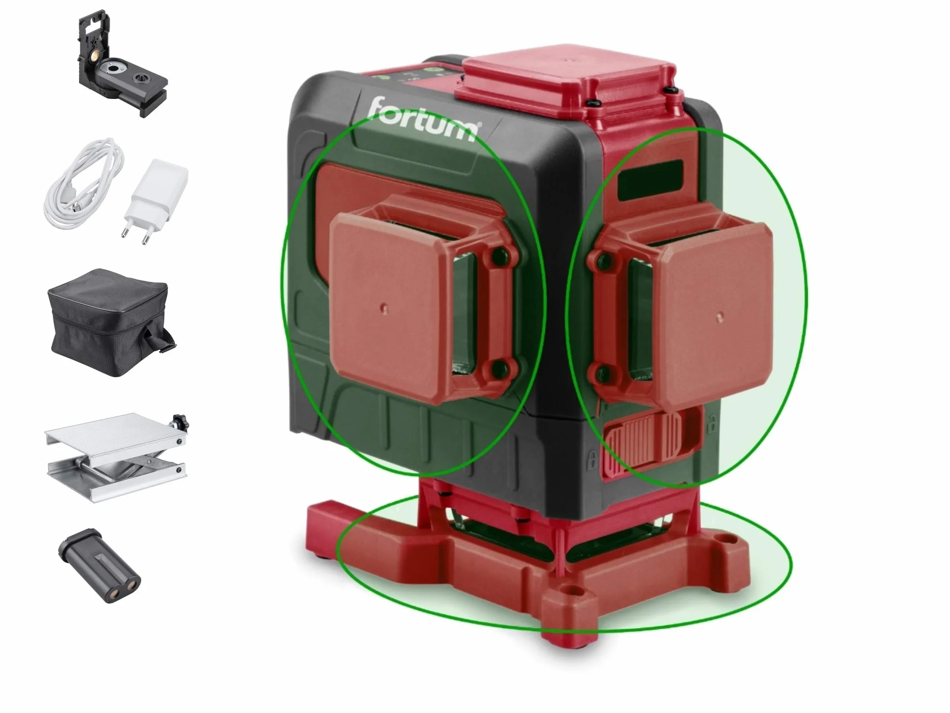 Laser krzyżowo-liniowy zielony laser 3D (3 x 360 stopni), samopoziomujący, niska pozioma linia, w zestawie moduł mocujący 360° (magnes, śruba, statyw), IP 54, 30 m