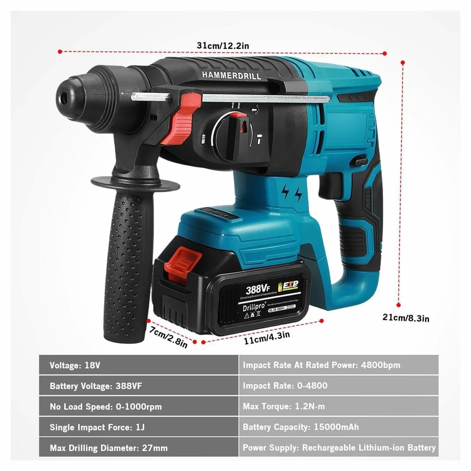 Wiertarka Udarowa 26MM Bezszczotkowy Elektryczny Młot Udarowy Wiertarka Wielofunkcyjna Obrotowa Elektryczna Do 18 V Elektronarzędzia Akumulatorowego(No battery)