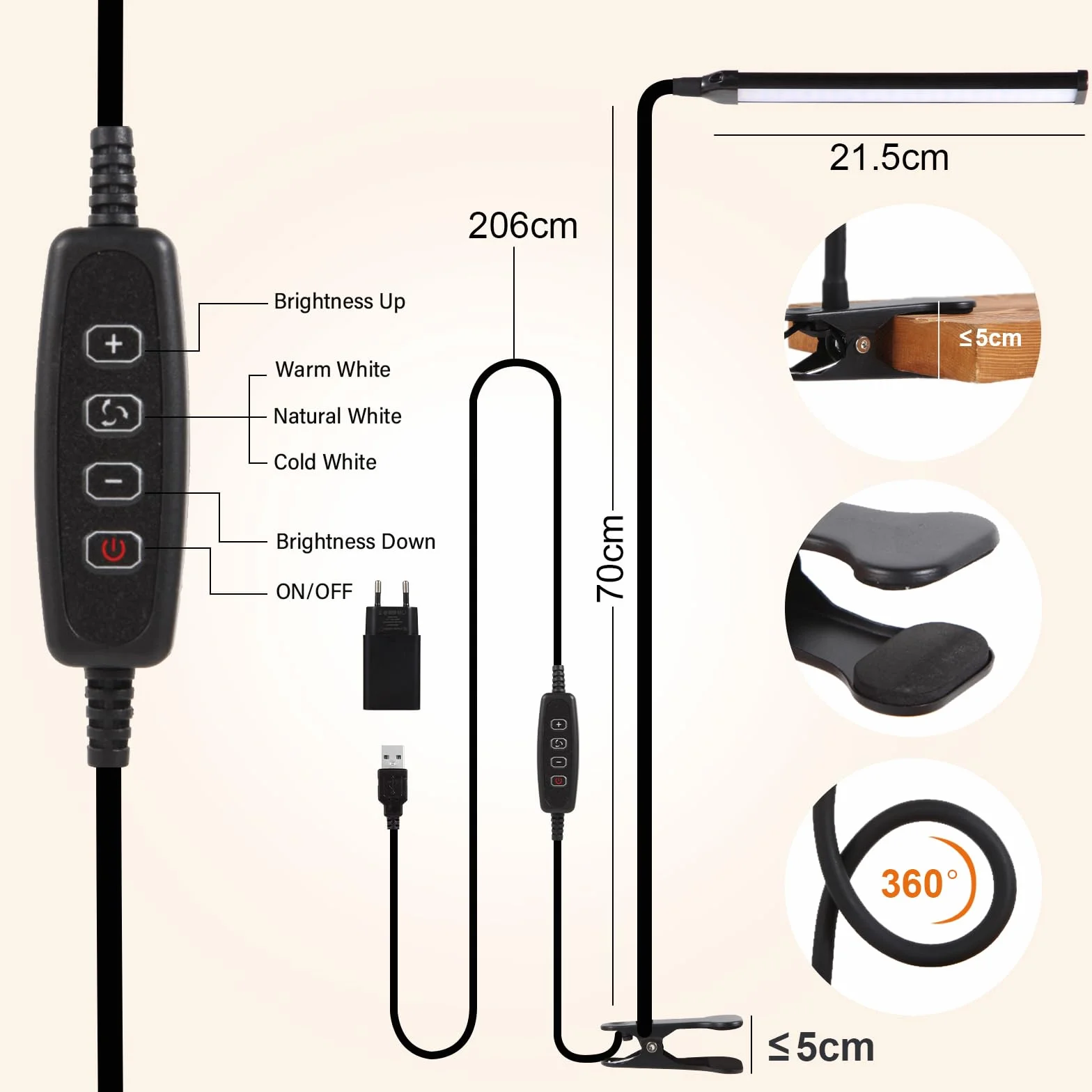 Lampa biurkowa LED, lampa do czytania-3 tryby oświetlenia i 10 poziomów jasności, lampa nocna, 6 W z adapterem USB, 70 cm elastyczny 360° do czytnika, łóżka, biura