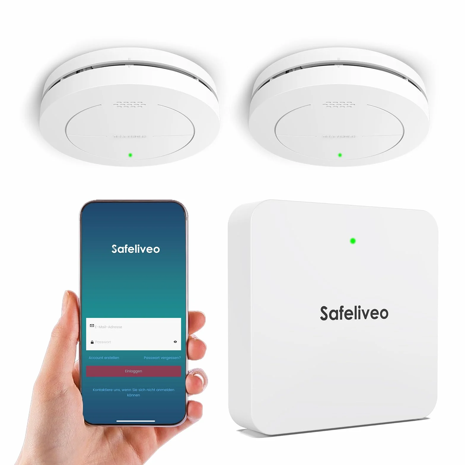 Safeliveo Czujka dymu WiFi z 10-letnią baterią, czujnik dymu, zestaw 2 szt. ze stacją bazową, certyfikat TUV Rheinland, zestaw alarmu dymu ze sterowaniem za pomocą aplikacji