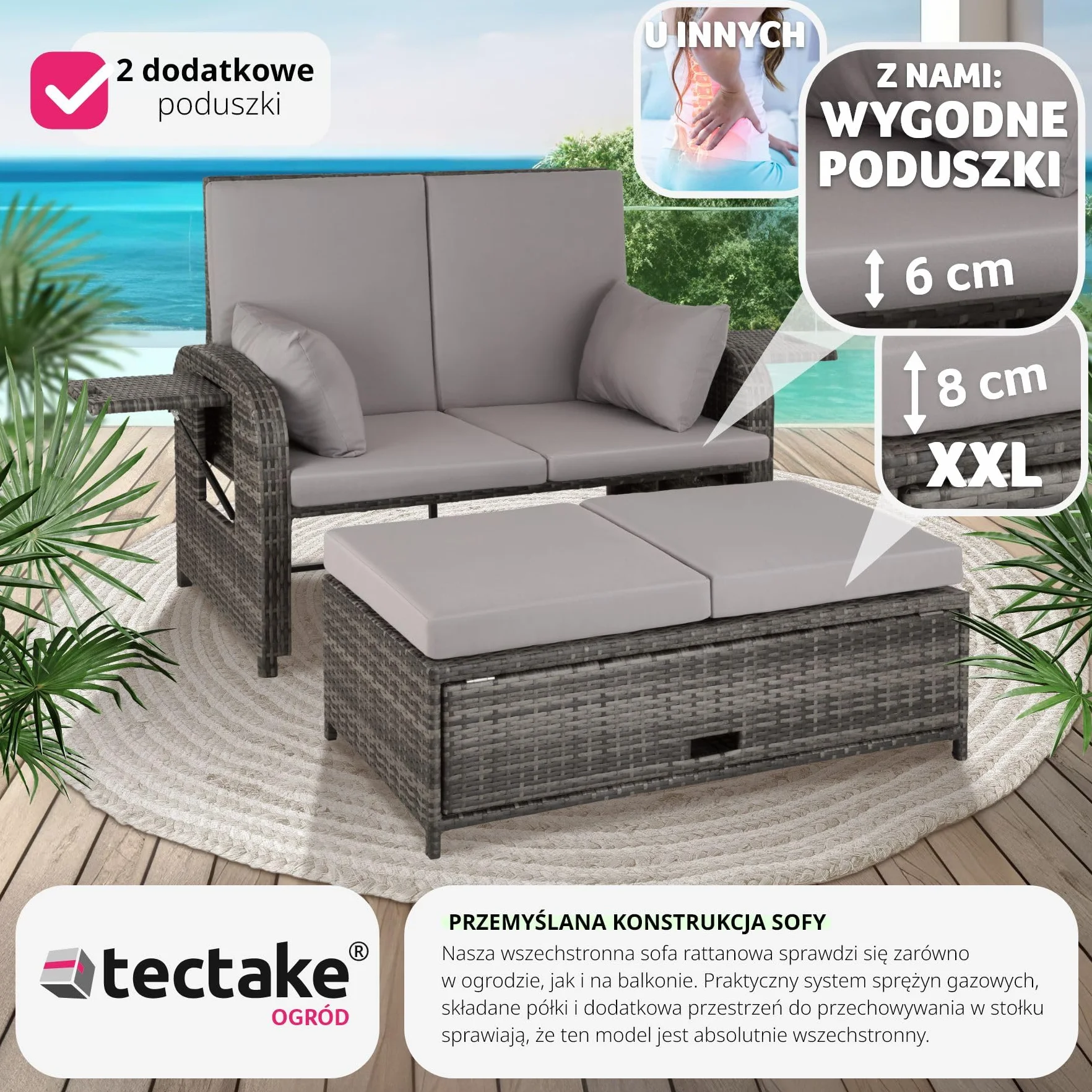 tectake® Sofa Ogrodowa z Technorattanu, Multifunkcyjna z Systemem Sprężyn, Regulowane Oparcie, Wodoodporne Poduszki, Bez Montażu, z Pokrowcem (Szary)