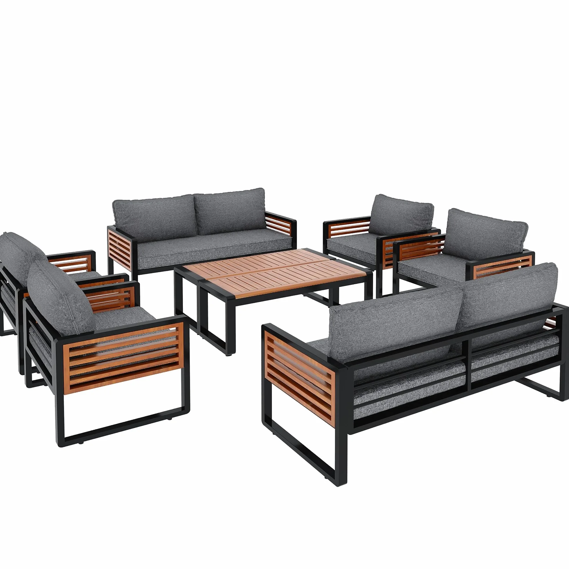 Zestaw mebli ogrodowych z ocynkowaną ramą żelazną, 8-częściowy zestaw stołów do jadalni, 2 x 2-osobowa sofa, 4 pojedyncze krzesła, 2 x stół, dekoracyjne podłokietniki z drewna (szary A, 8