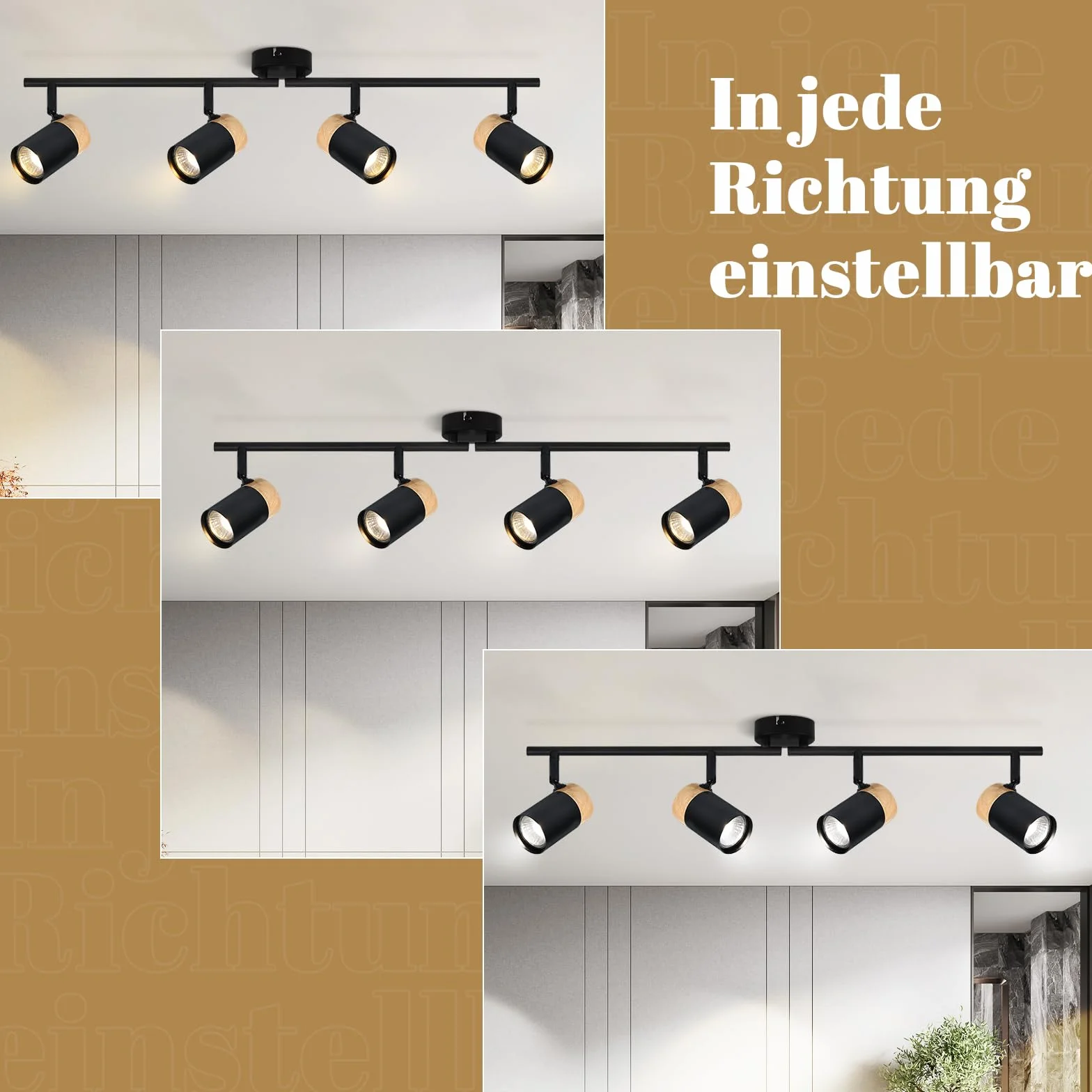 Glitzerlife sufitowy reflektor drewniany czarny lampa sufitowa - lampa sufitowa 4 płomienie GU10 LED obrotowy 330° reflektor do salonu sypialni kuchni pokoju dziecięcego bez żarówek