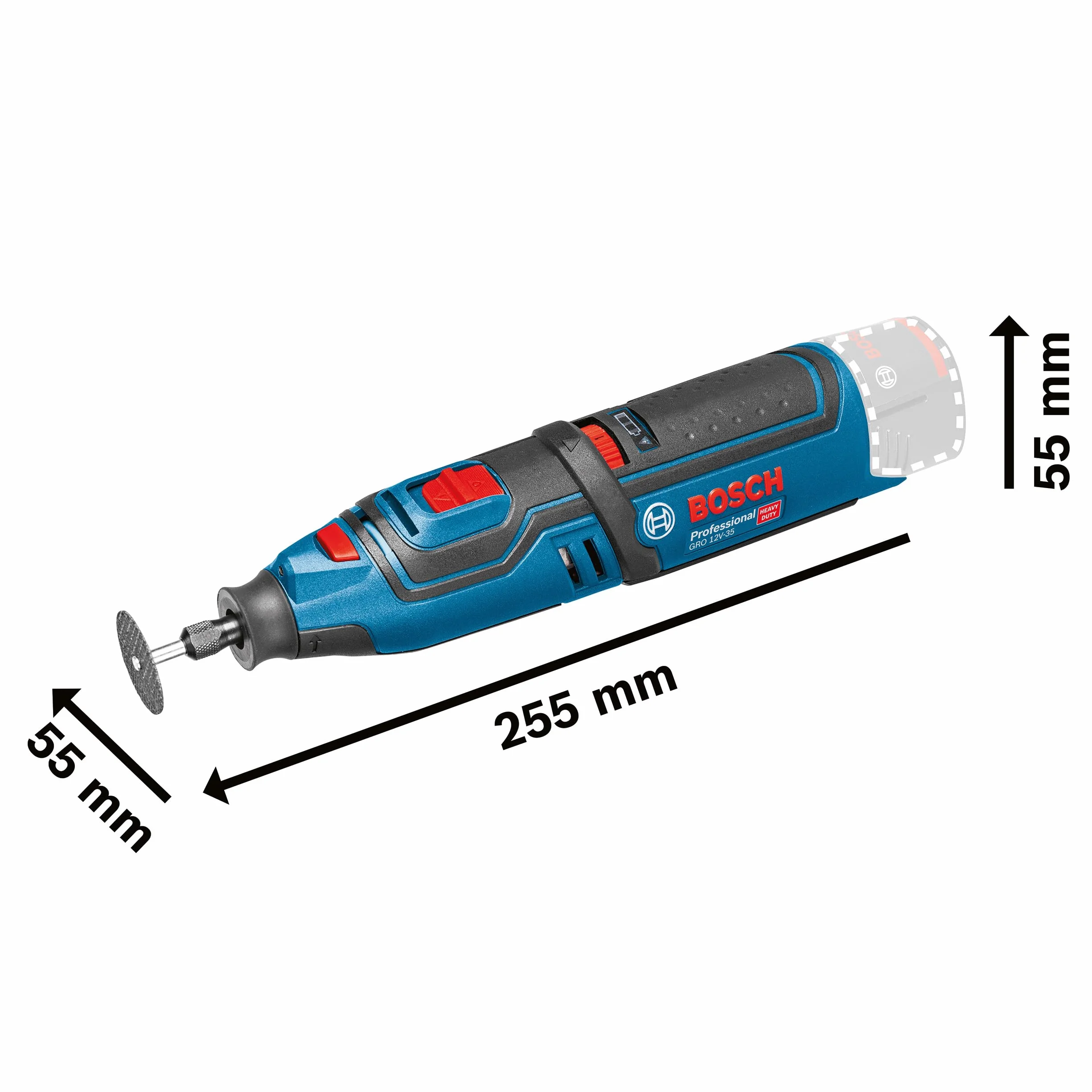 Bosch Professional system 12V: akumulatorowe narzędzie wysokoobrotowe GRO 12V-35 (5 tarcz tnących, trzpień ustalający, przystawka na obudowę, klucz, zacisk, skrzynka na osprzęt)
