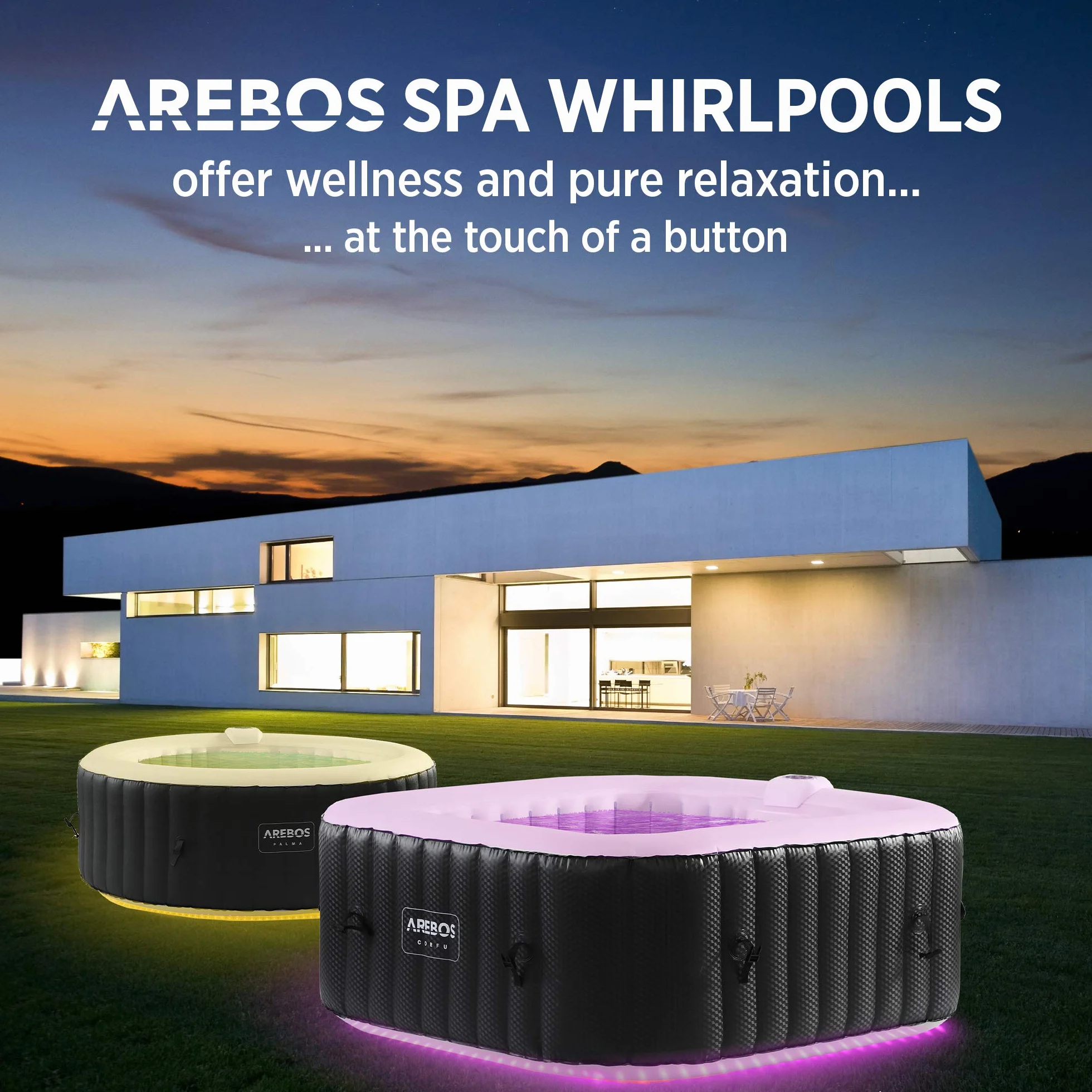 Arebos Nadmuchiwane spa z oświetleniem LED | Nadmuchiwane | do wnętrz i na zewnątrz | 154x154cm | 4 osoby | 130 dysz masujących | z ogrzewaniem | 600 litrów | z pokrywką | Spa i dobre samopoczucie