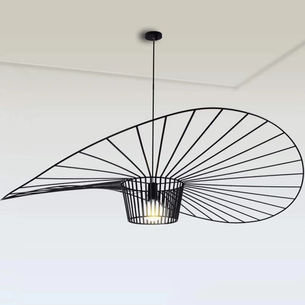 Msyyuu Vintage żyrandol lampa wisząca do salonu, prosta kreatywna lampa (regulowana wysokość światła), do salonu, paski z włókna szklanego, wzór kapelusza z kutego żelaza, E27, maks. 40 W, czarny, 120