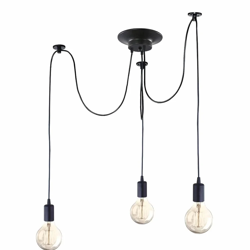 iDEGU nowoczesny i retro żyrandol wiszący, 3 ramiona lampa wisząca DIY kreatywny żyrandol pająk regulowany 150 cm, vintage, lampa sufitowa z gniazdem E27, czarna, 3 światła