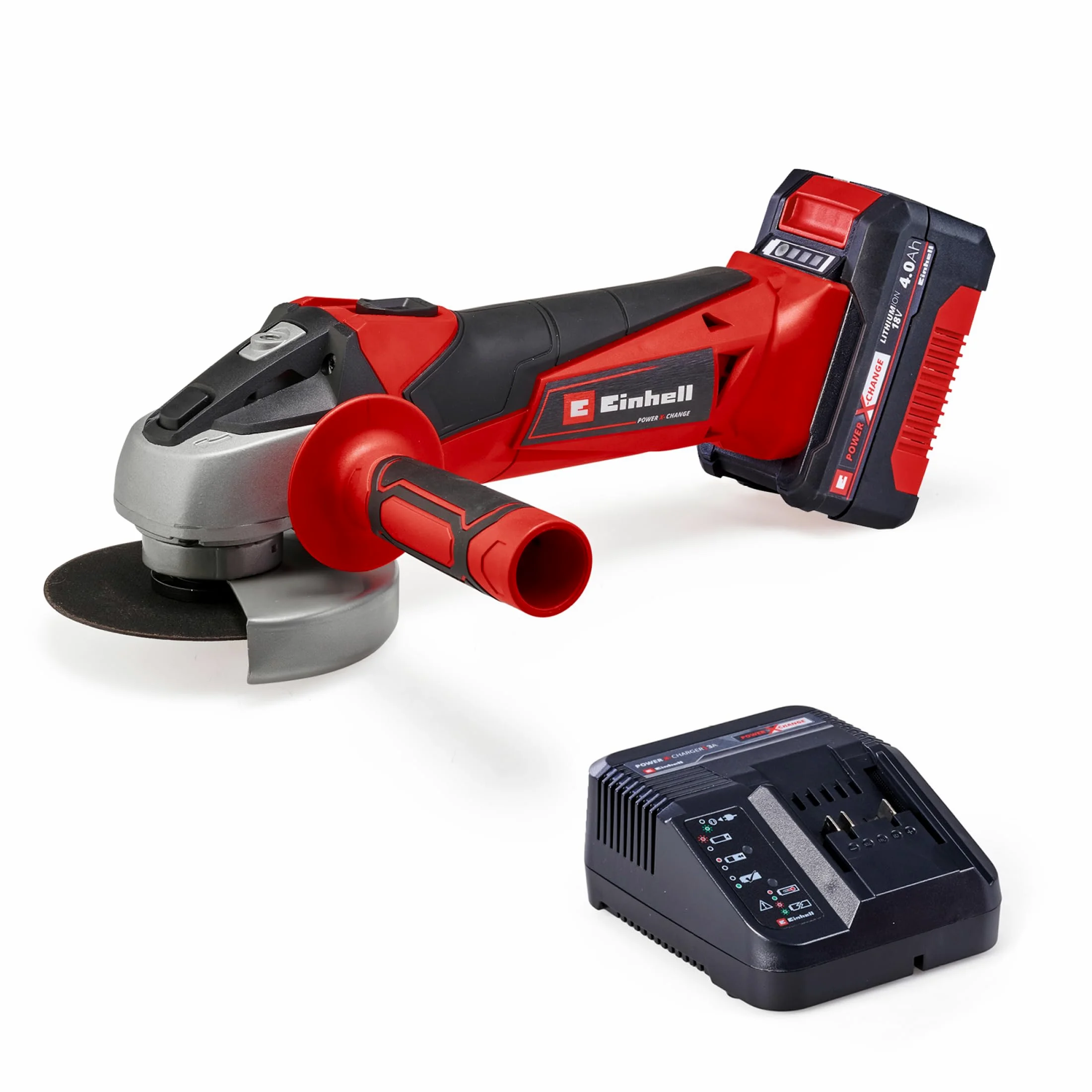 Einhell Akumulatorowa szlifierka kątowa TC-AG 18/115 Li (1 x 4,0 Ah) (18 V, średnica tarczy 115 mm, głębokość cięcia 28 mm, Softstart, dodatkowy uchwyt, w zestawie 1 x akumulator 4,0 Ah i ładowarka)