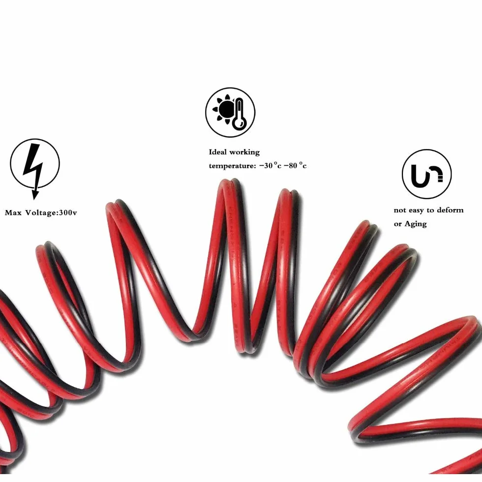 22AWG przewód elektryczny, 0,33 mm², ocynkowany drut miedziany, 2-żyłowy kabel PCW do pasków LED (10 m, czarny + 10 m czerwony)