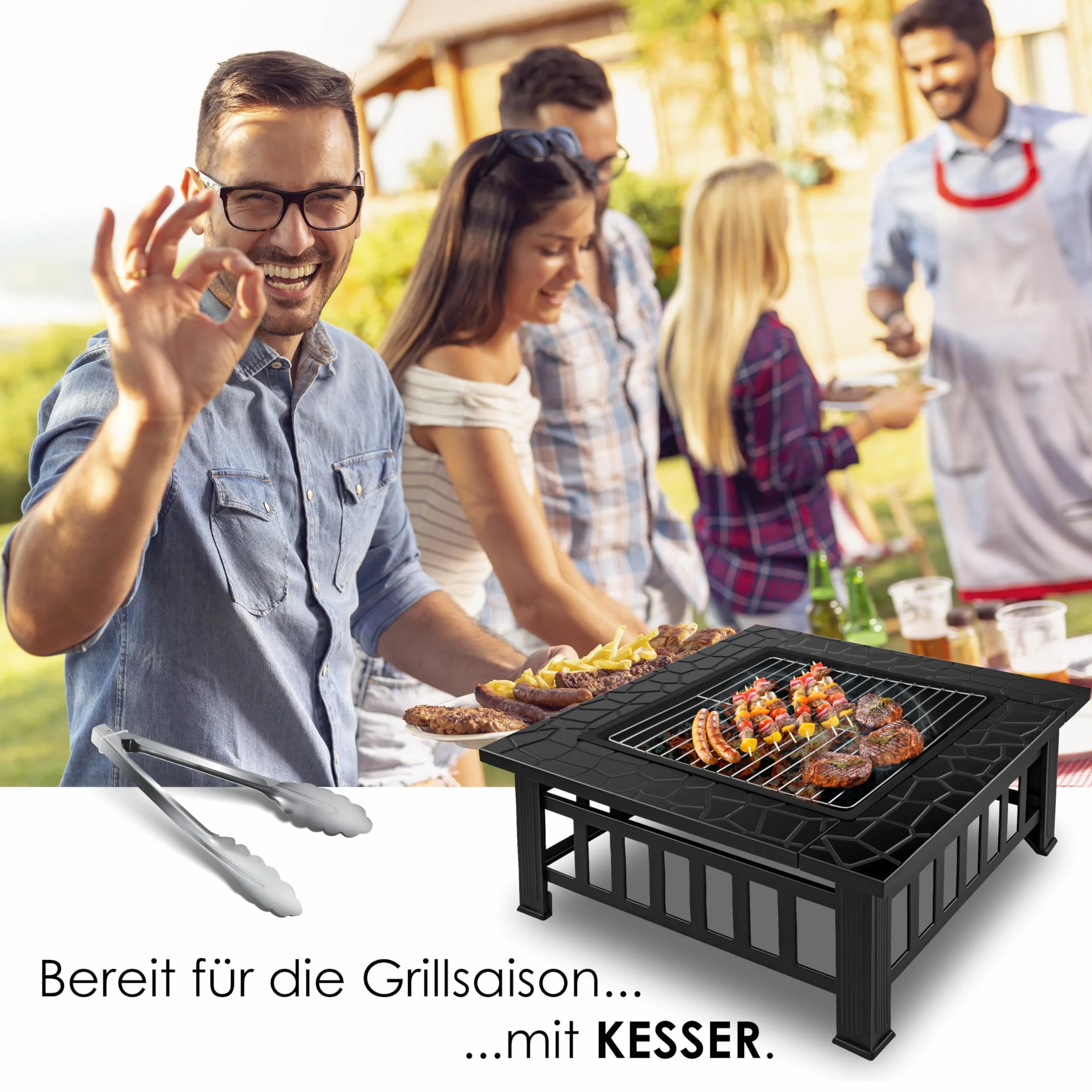KESSER® Palenisko z rusztem do grillowania i szczypcami do grilla, koksownik 82 x 82 x 50 cm, 3 w 1, do ogrzewania/BBQ, do ogrodu, na taras, metalowy kosz z pokrowcem ochronnym, ochrona przed iskrami
