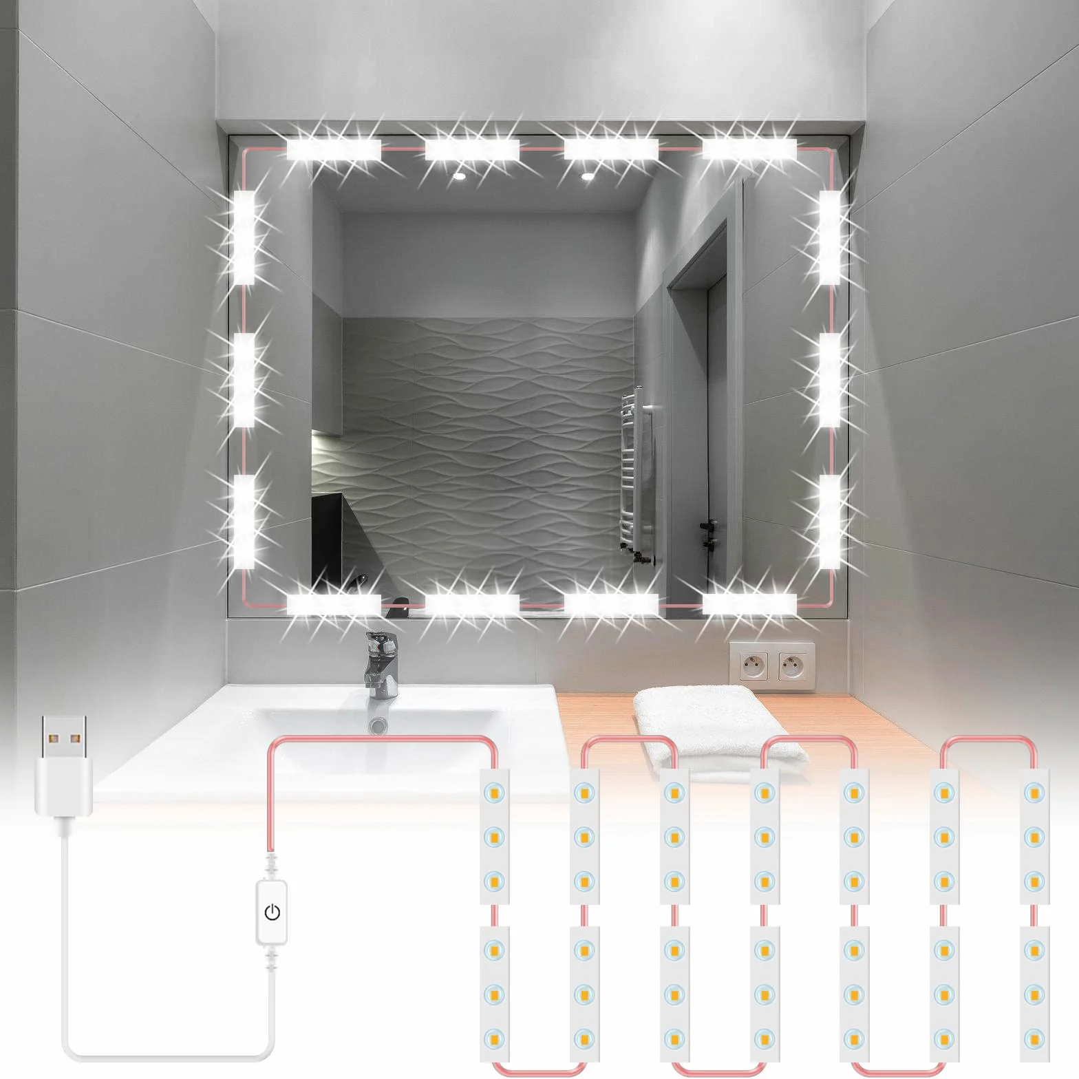 Molbory Zestaw oświetlenia LED do makijażu w stylu Hollywood, światło lustra, dotykowe białe światło, ściemniane przez USB, do lustra łazienkowego i stołowego (14 strun)