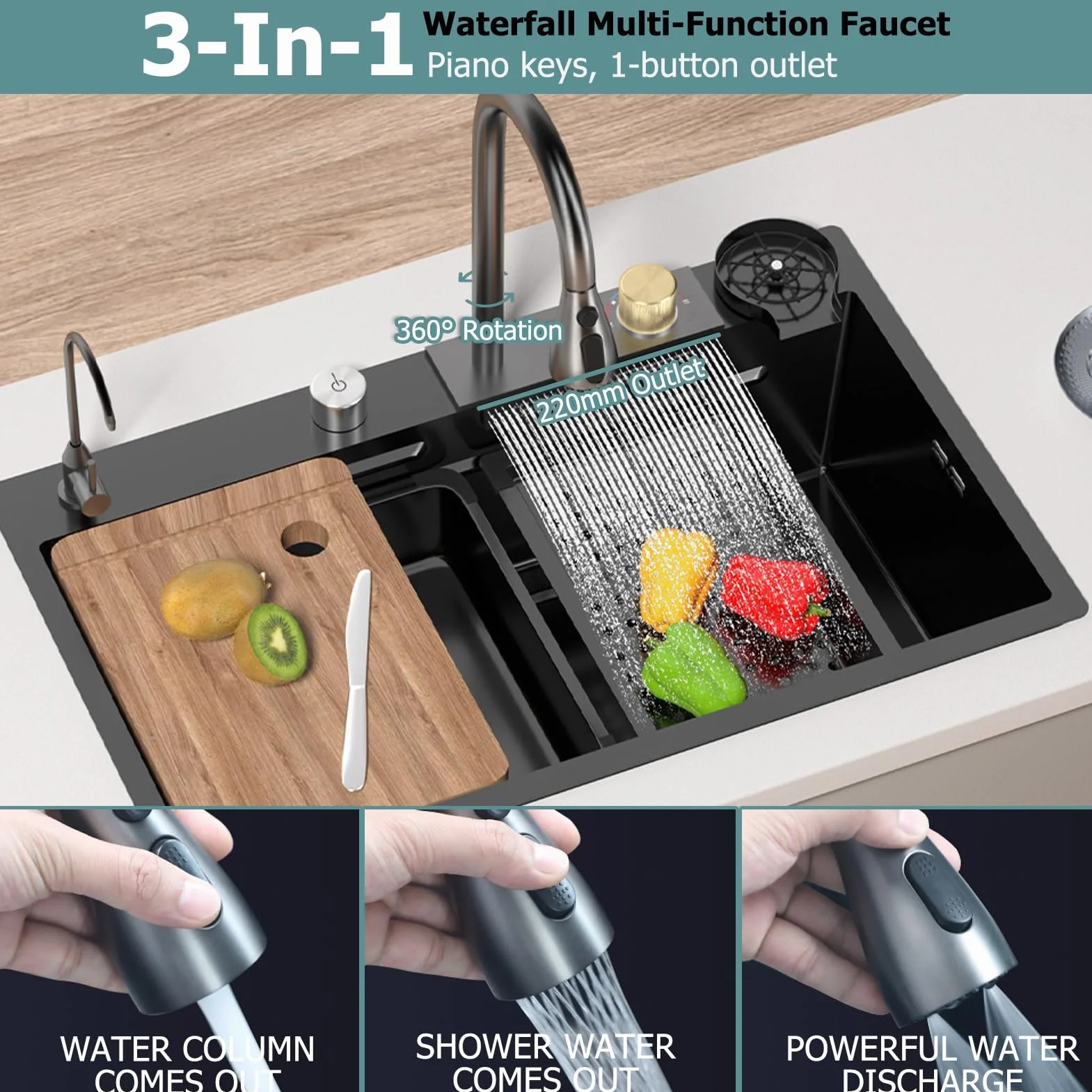 Workstation Kitchen Sink With Waterfall Dual Bowl Pull-Out 3 In 1 Faucet, Stainless Steel Basin Set, Pressure Pot Washer, Cutting Board, Draining Basket More Accessories(Black-Gray A,80x46cm)