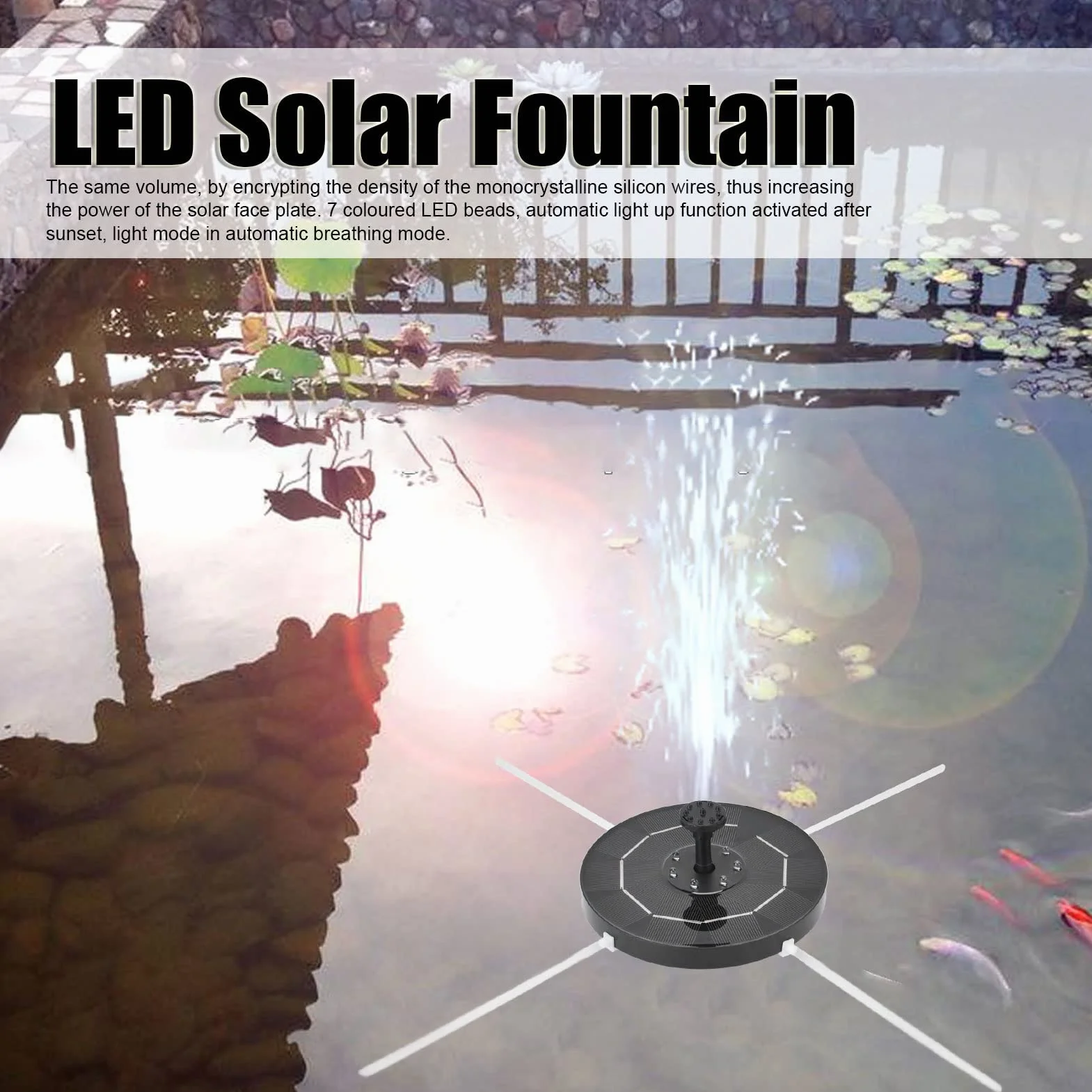 LED Solarna pompa fontannowa 3.5W, fontanna do kąpieli z 7 kolorowymi diodami LED, bateria 1800mAh, 6 dysz, czarna dysza