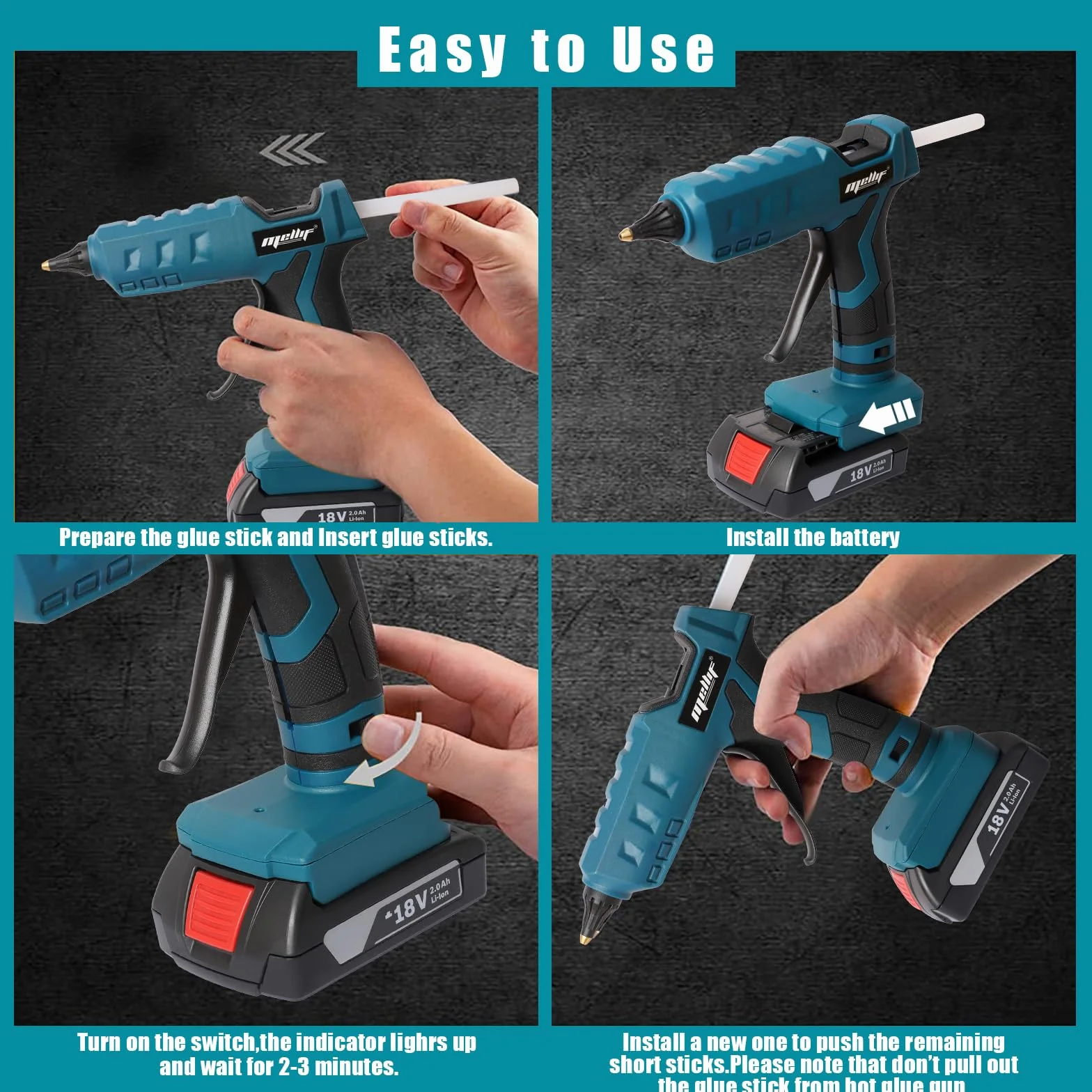 Pistolet do klejenia bezprzewodowy Mellif na akumulator Bosch 18V GBA/GBA ProCORE, Mellif, z szybkim nagrzewaniem, z 20 szt. pełnowymiarowych wkładów 11mm do DIY, rzemiosła (tylko narzędzie, BEZ