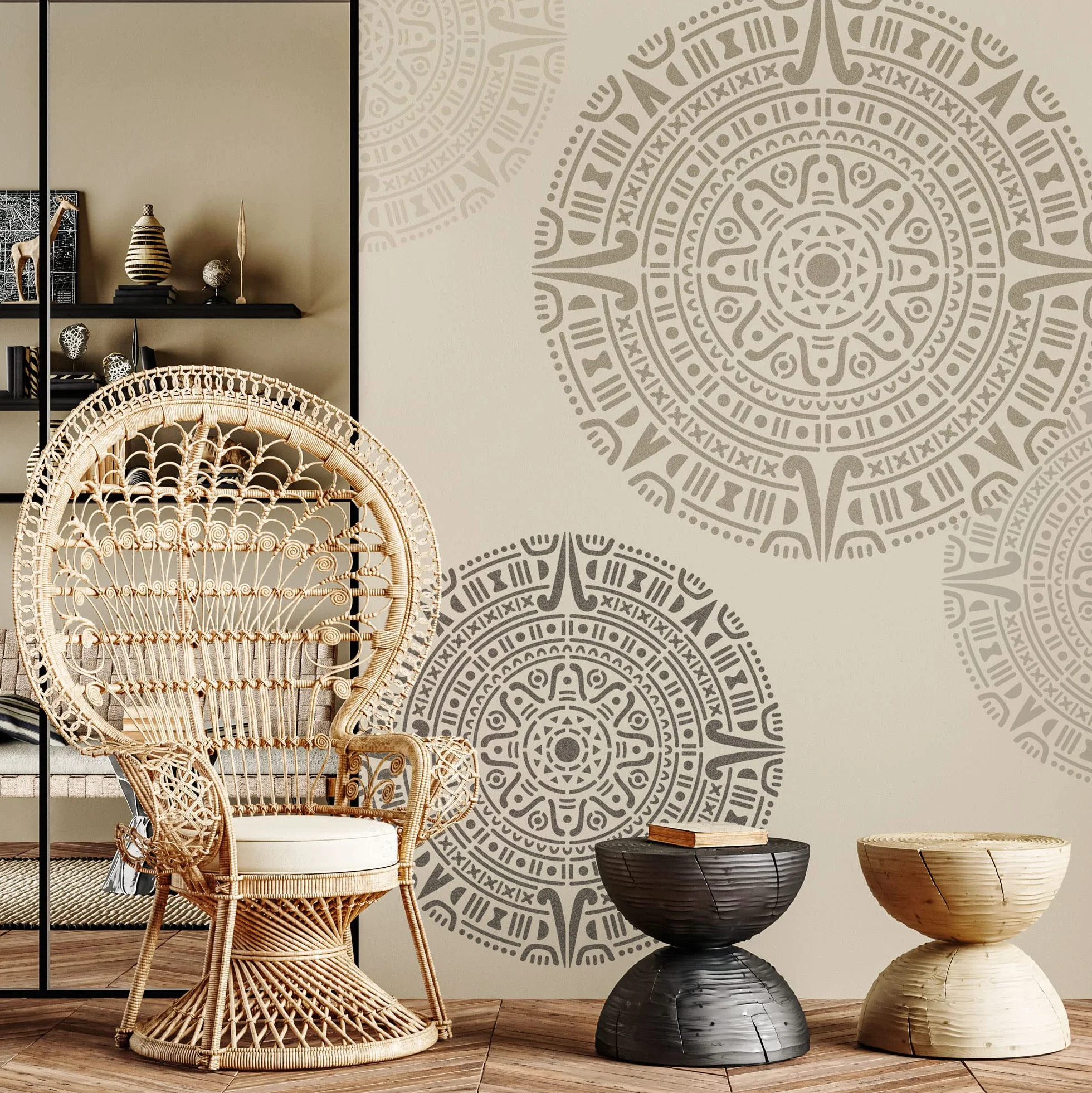 NAKLEO Mandala Szablon Malarski do Malowania Ścian Duży, 219 cm Aztecka Mandala Koło Ornament Geometryczny, Wielorazowy Wielokrotny Plastik, Wzór DIY Dom Dekoracje, Papier Ściany Tkaniny Drewno Meble
