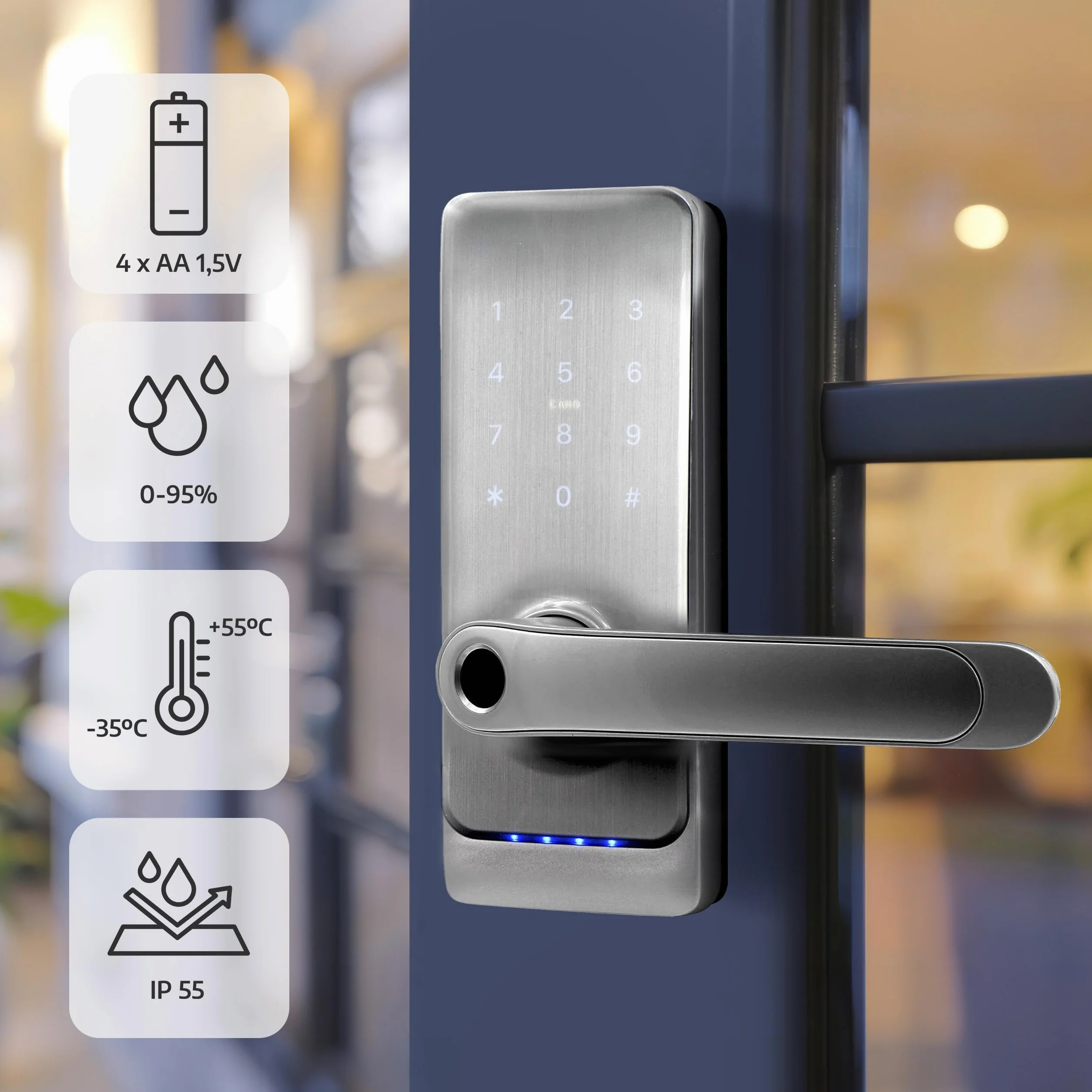 EURA ELH-01H4 inteligentny zamek do drzwi z uchwytem, zamek kodowy, czytnik zbliżeniowy 13,56 MHz, czytnik biometryczny, aplikacja TTLock/TTHotel, IP65, uniwersalny odstęp rygli, biały