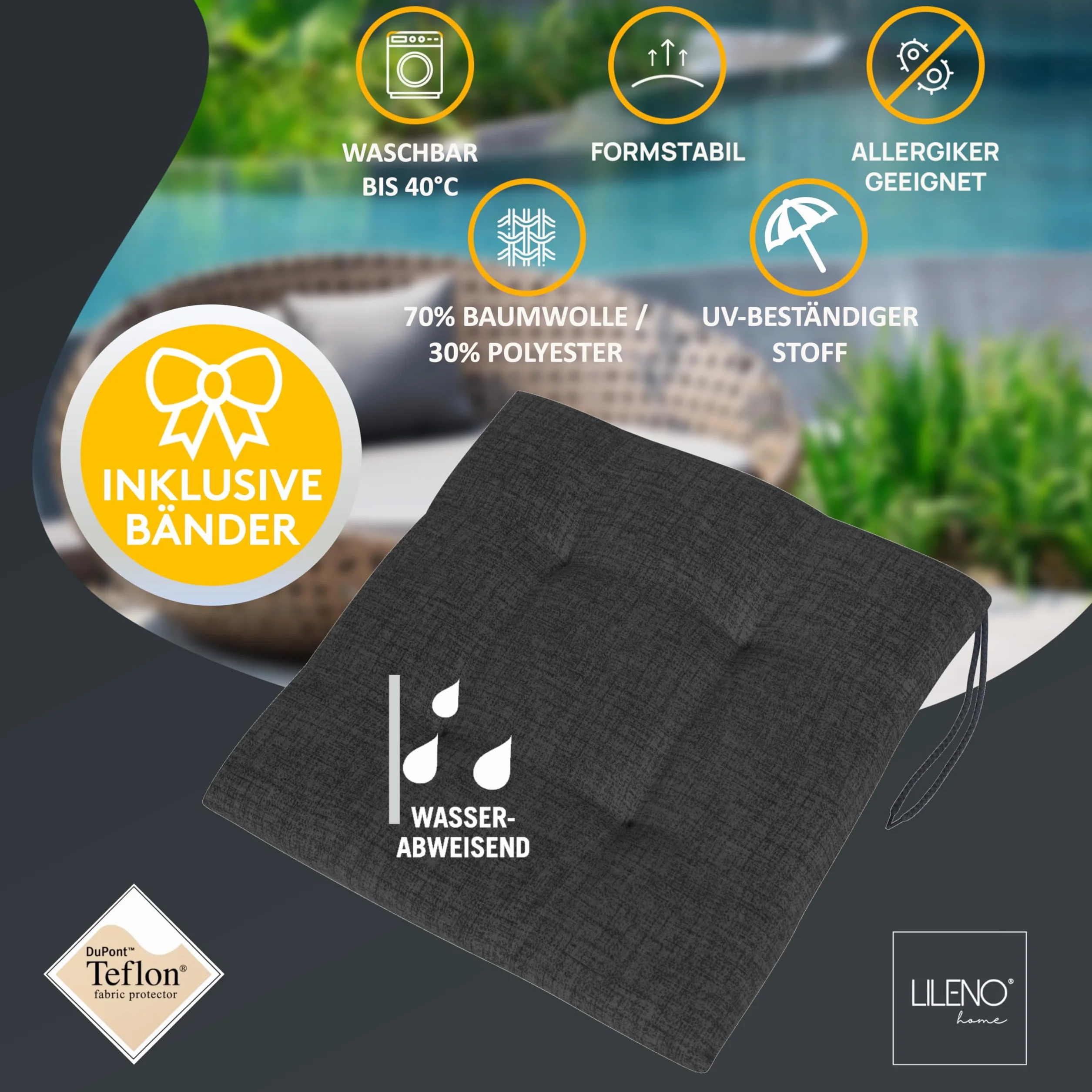 LILENO HOME Zestaw 2 poduszek na krzesło antracytowe (40 x 40 x 4,5 cm) - wygodne odporne na promieniowanie UV wewnątrz i na zewnątrz