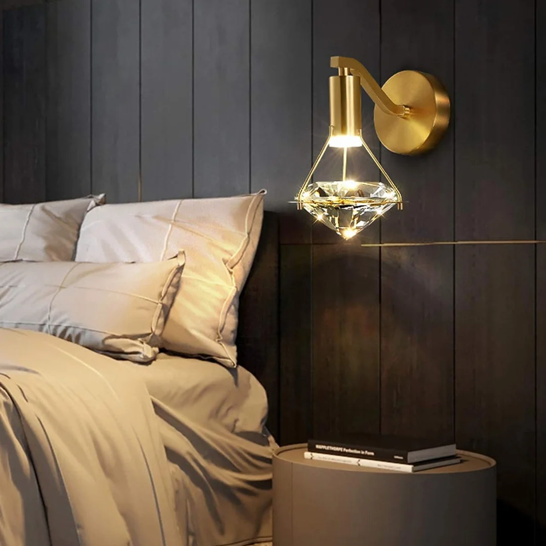Kryształowa lampa ścienna LED kryształowa diamentowa lampa ścienna 3W ściemnialna lampka nocna 3000K-6000K, mosiężna lampa, nowoczesne oświetlenie wewnętrzne