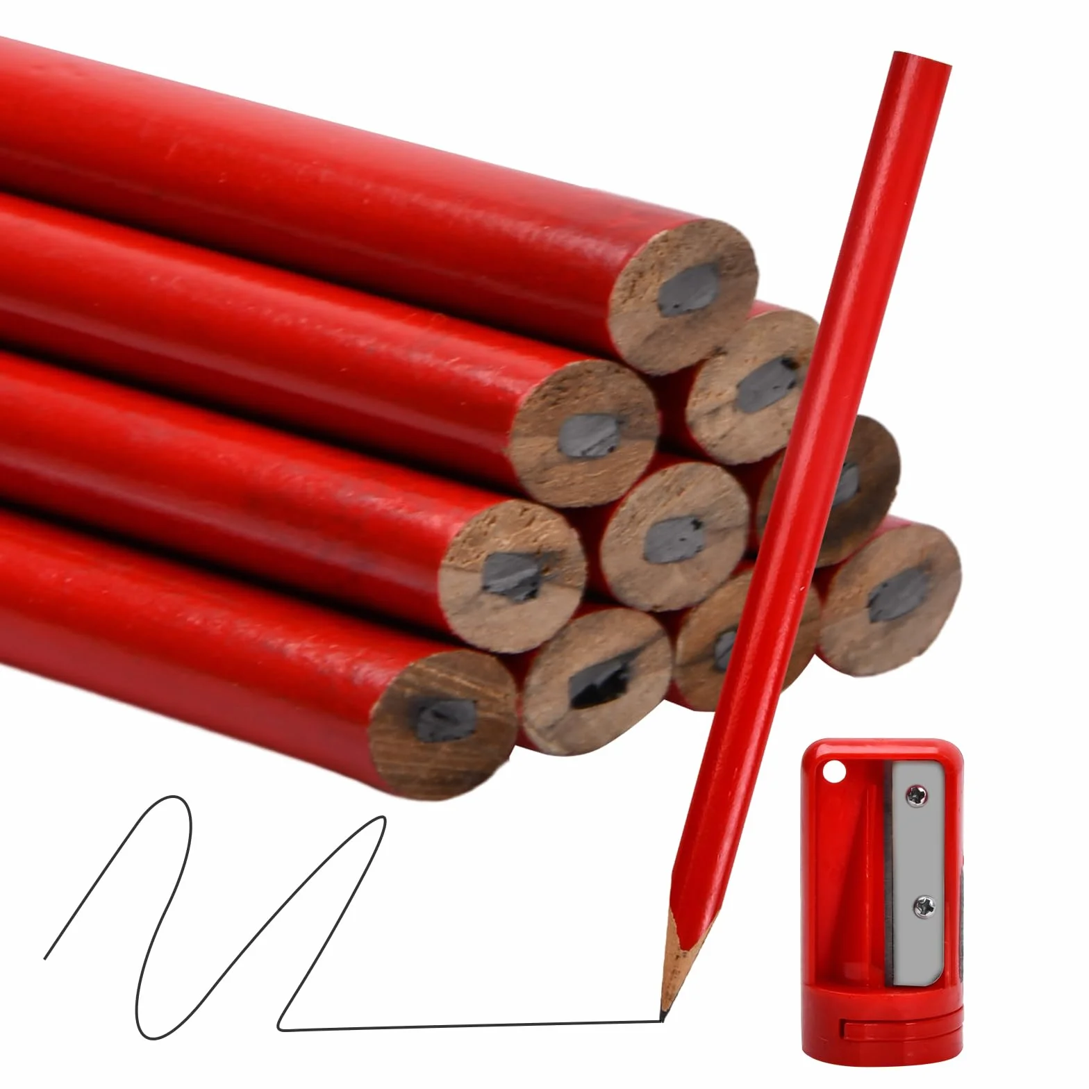 Zestaw 10 ołówków stolarskich, 175 mm, ołówki stolarskie z temperówką, kredki stolarskie, 175 mm i 1 temperówka (owalne)