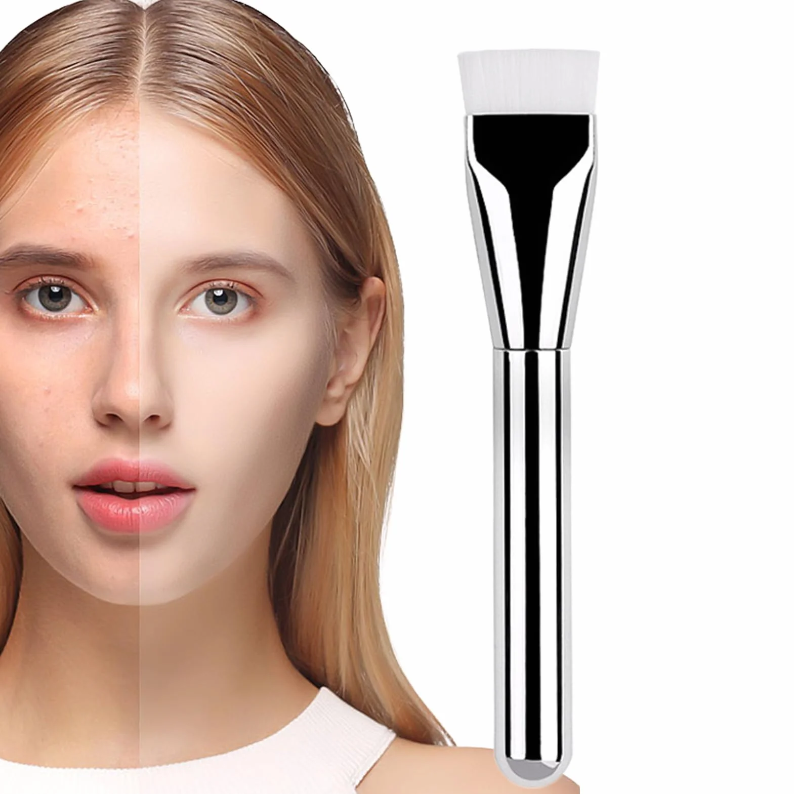Foundation Brush, Flat Top Brushes, 5.63 Inches Portable Ultra Thin Design with Concealer Pad, Flattop Makeup Tool for Buffing, Blending, Face, Cheeks, Nose, Beauty Routine, Cosmetics