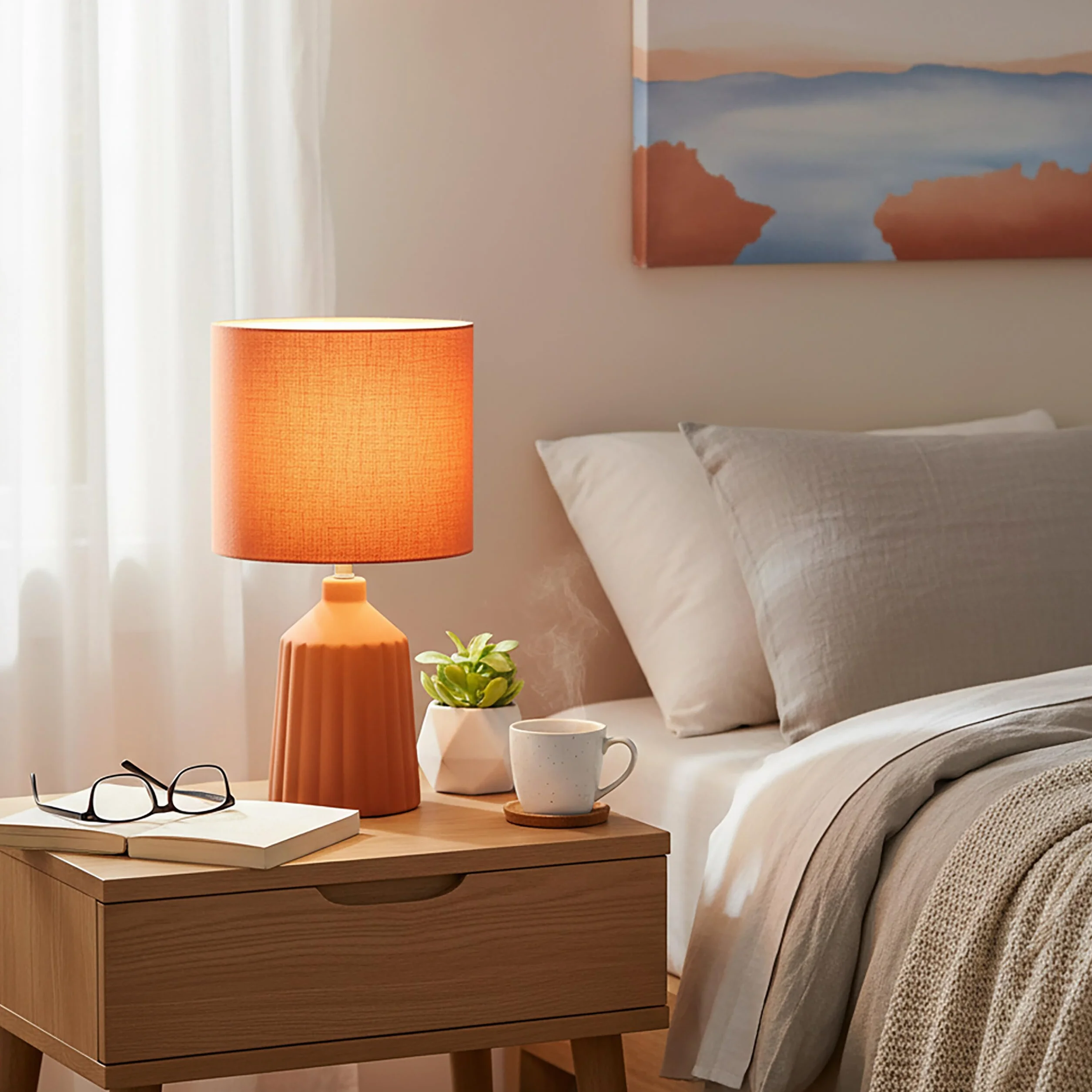 Relaxdays Lampa stołowa, wzorzysta podstawa ceramiczna, abażur z materiału, E27, wys. x śr.: 42 x 23 cm, lampka nocna z kablem, terakota