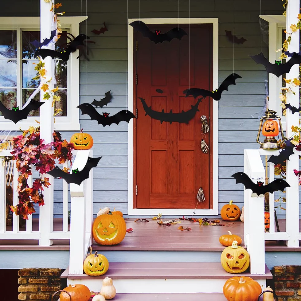 DTYDECLE 12 szt. wiszących nietoperzy na Halloween, latający nietoperz, wiszące dekoracje ze świecącymi oczami na Halloween, dekoracja na zewnątrz, podwórko, artykuły dekoracyjne
