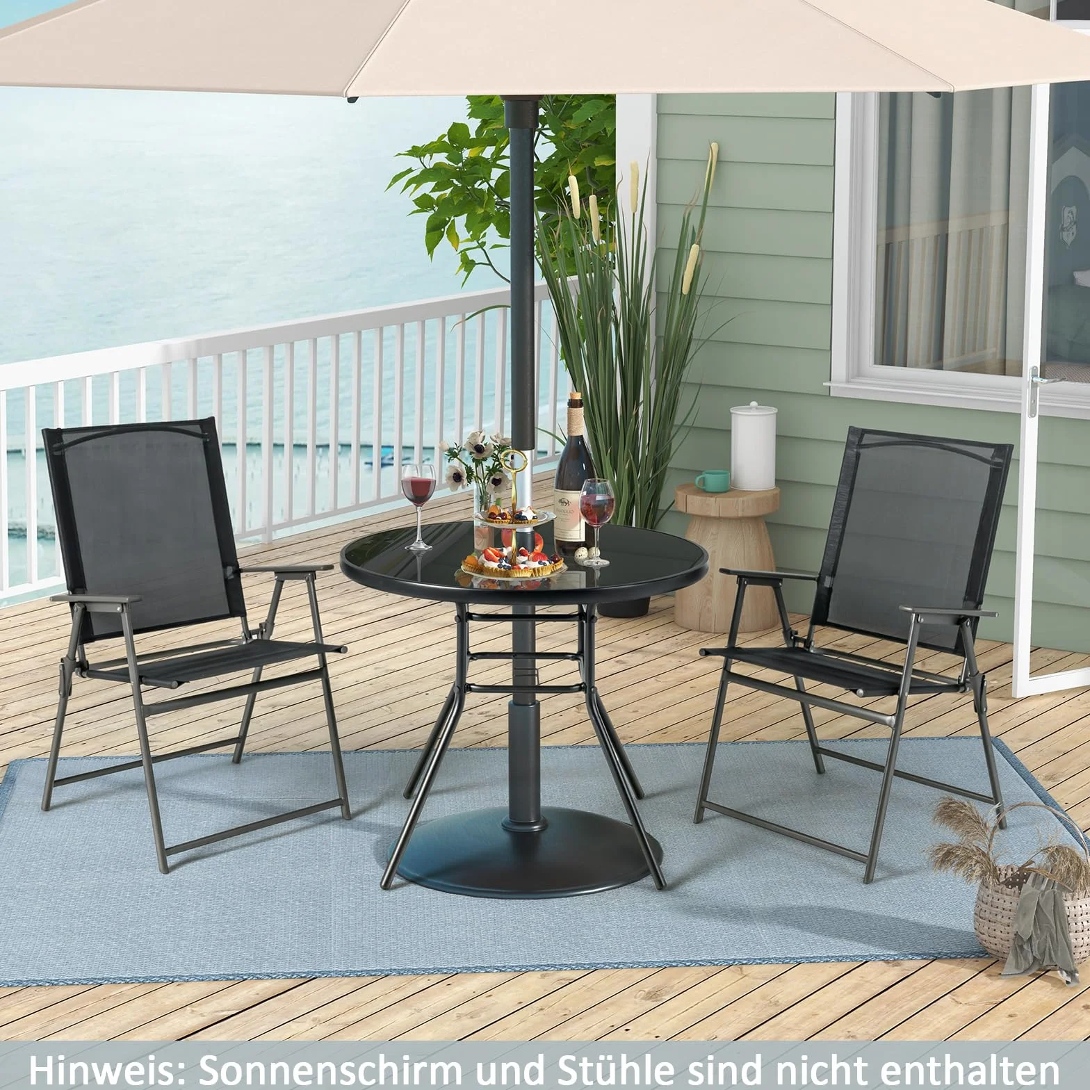 COSTWAY Stół ogrodowy z blatem z hartowanego szkła 86 x 86 x 71 cm, tarasowy z otworem na parasol, dla 4 osób, do jadalni na balkon, czarny
