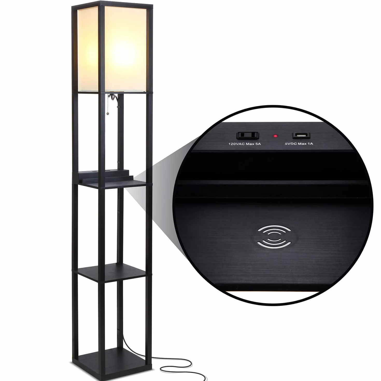 Brightech Maxwell Shelf lampa stojąca z bezprzewodową stacją ładującą, złączem USB i gniazdkiem, do biura i salonu, nowoczesna, wąska lampka nocna i wieżowa, czarna